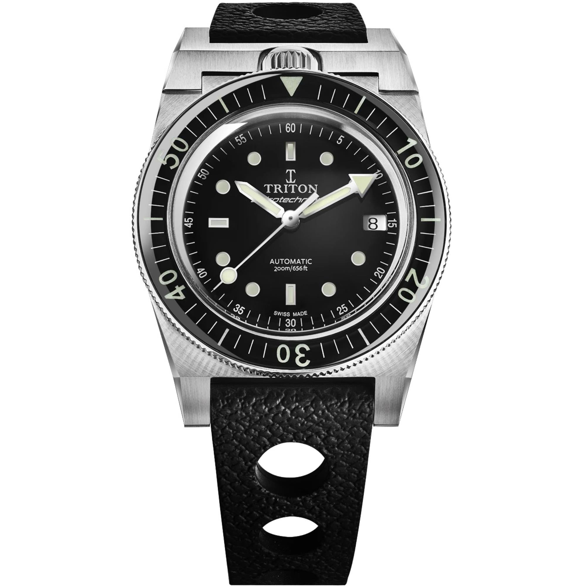 Triton Spirotechnique Classic Schwarzes Zifferblatt Automatik Gummiarmband Herren Taucheruhr