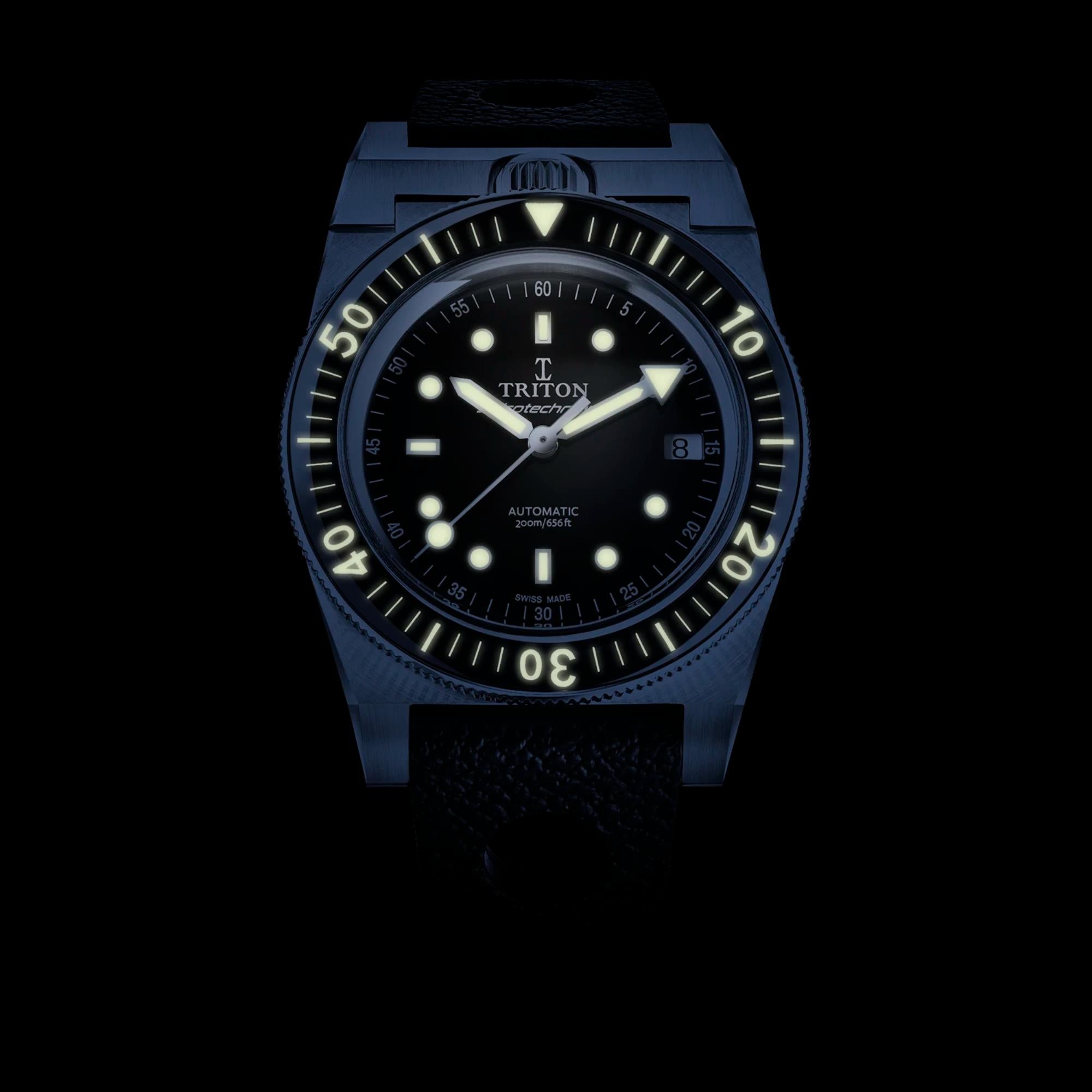 Triton Spirotechnique Classic Schwarzes Zifferblatt Automatik Gummiarmband Herren Taucheruhr