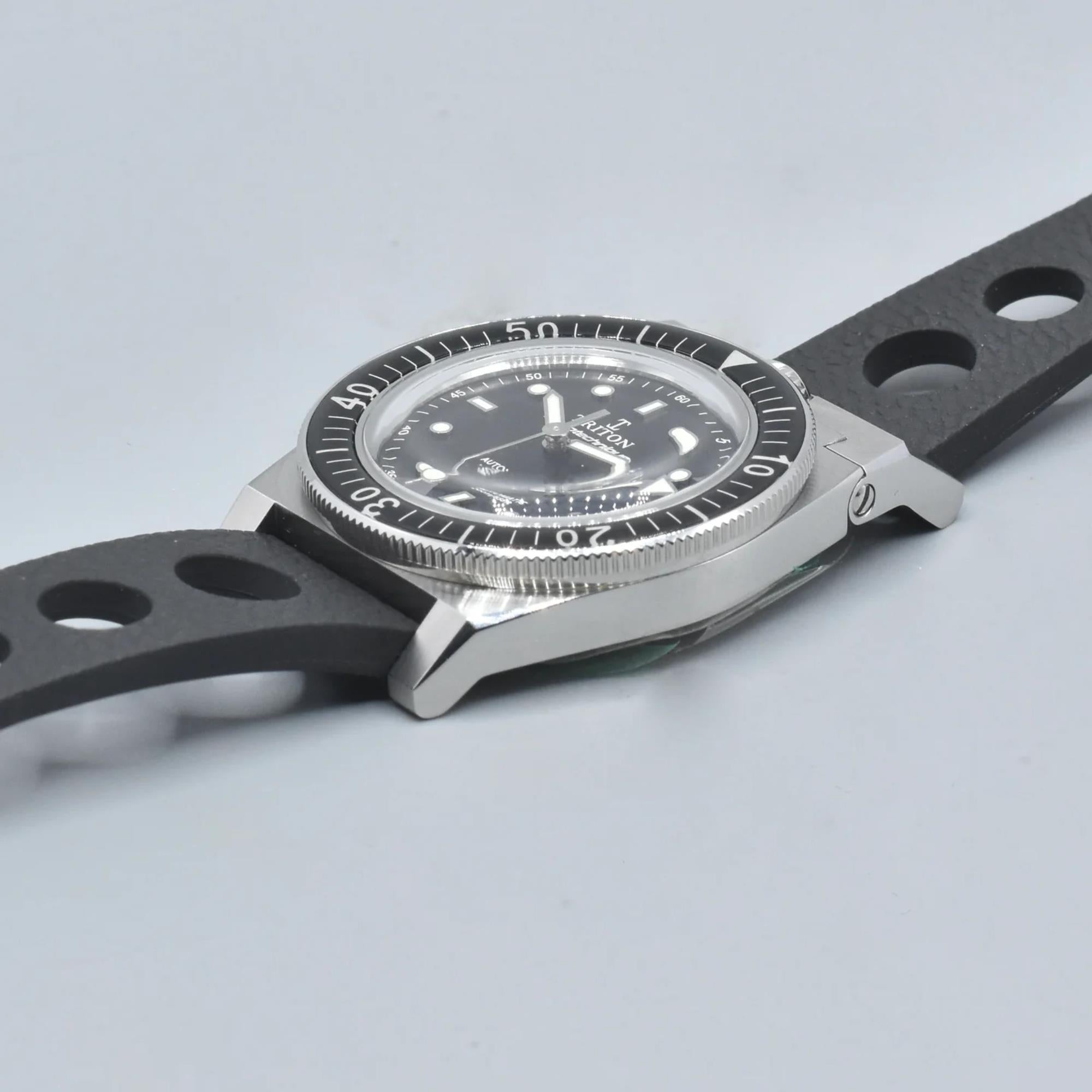 Triton Spirotechnique Classic Schwarzes Zifferblatt Automatik Gummiarmband Herren Taucheruhr