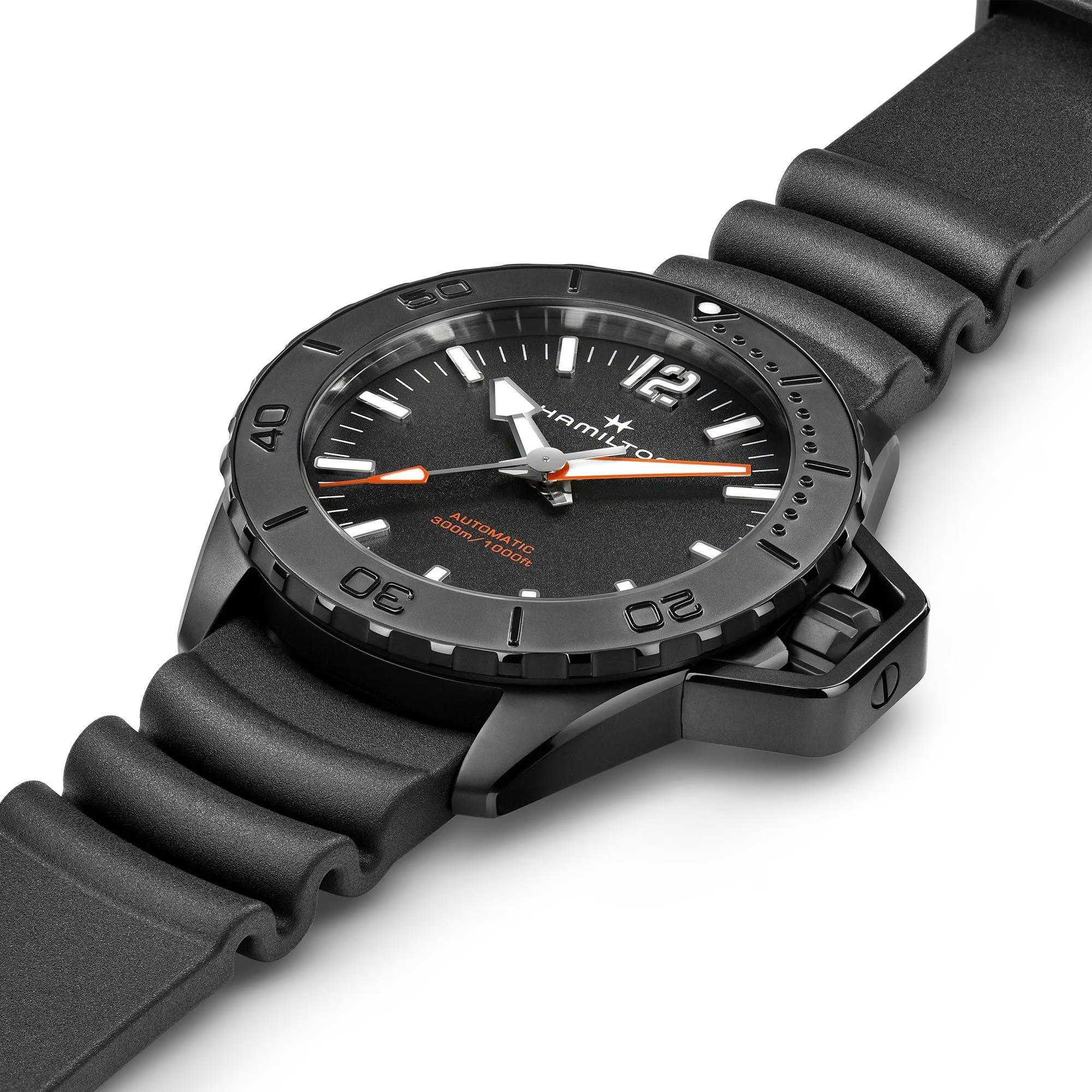 Hamilton Khaki Navy watch H77855330 showing its black case, rotating bezel, crown, and black rubber strap details.