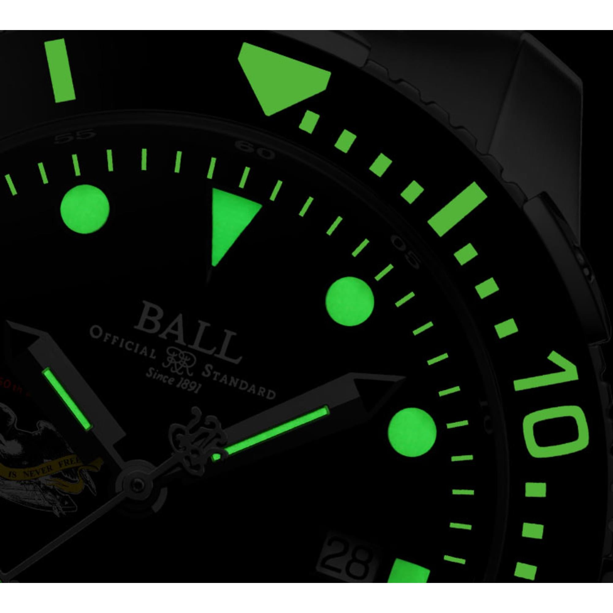 Detailed view of glowing green hour markers and hands on BALL Engineer Hydrocarbon DeepQUEST Protector watch