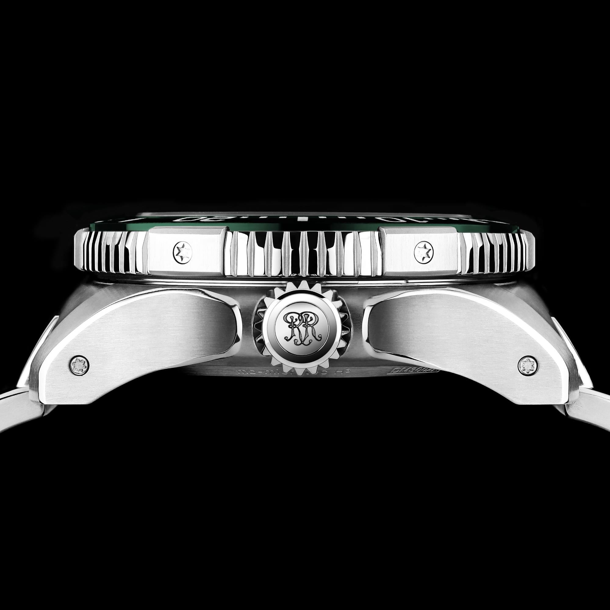 Side view of BALL Engineer Hydrocarbon DeepQUEST Protector showing green bezel and signed crown DM3002A-S10C-GR
