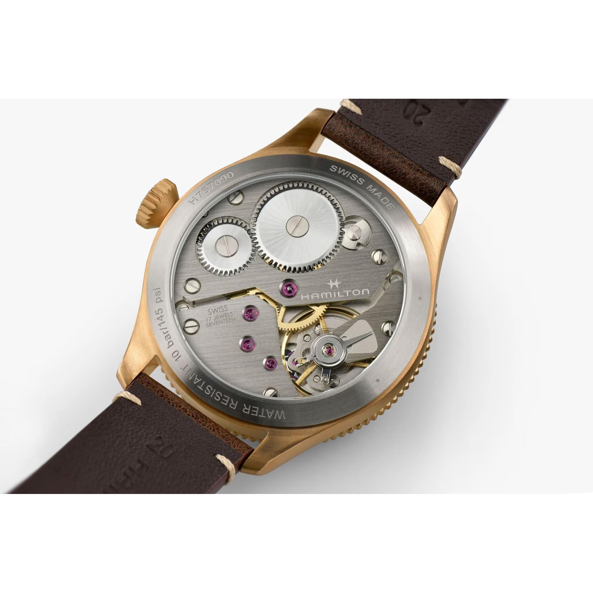 Hamilton H76709510 see-through caseback revealing ETA 6498-1 hand-wound mechanical movement