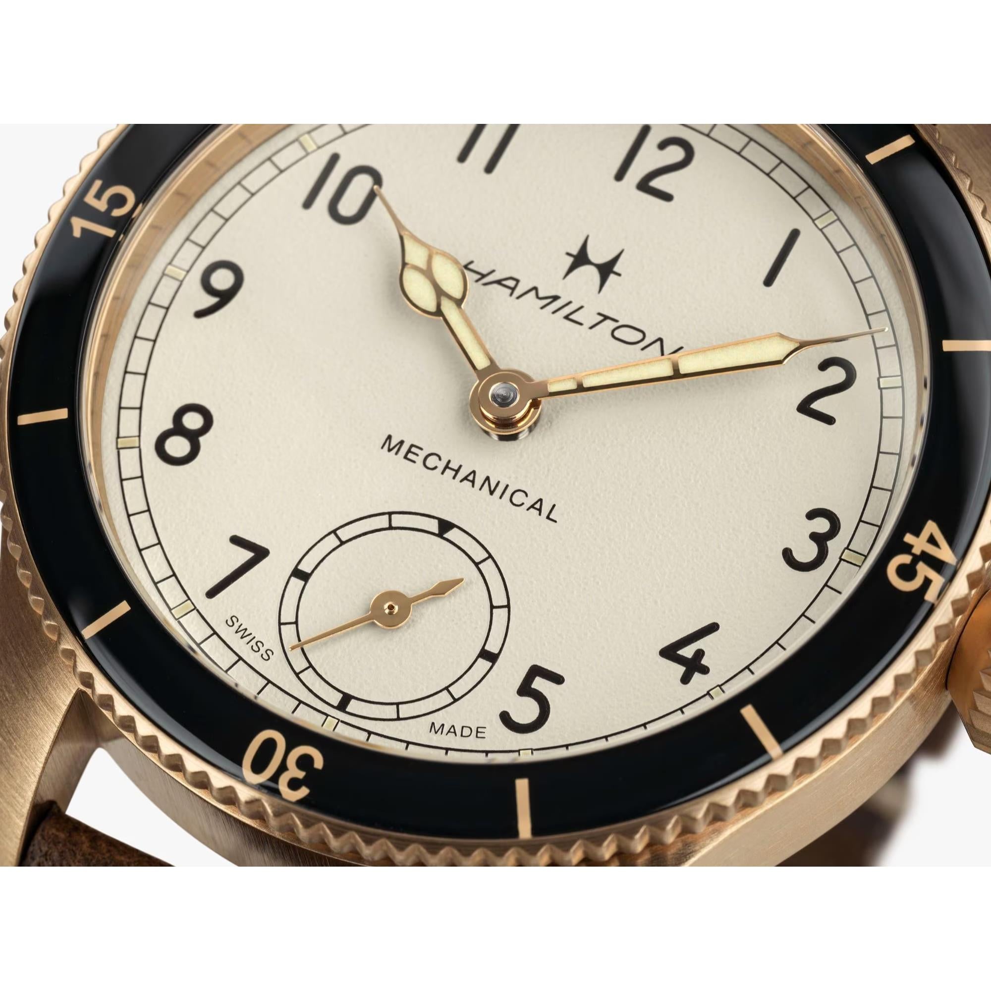 Hamilton H76709510 white dial with railroad minute track and small seconds sub-dial close-up