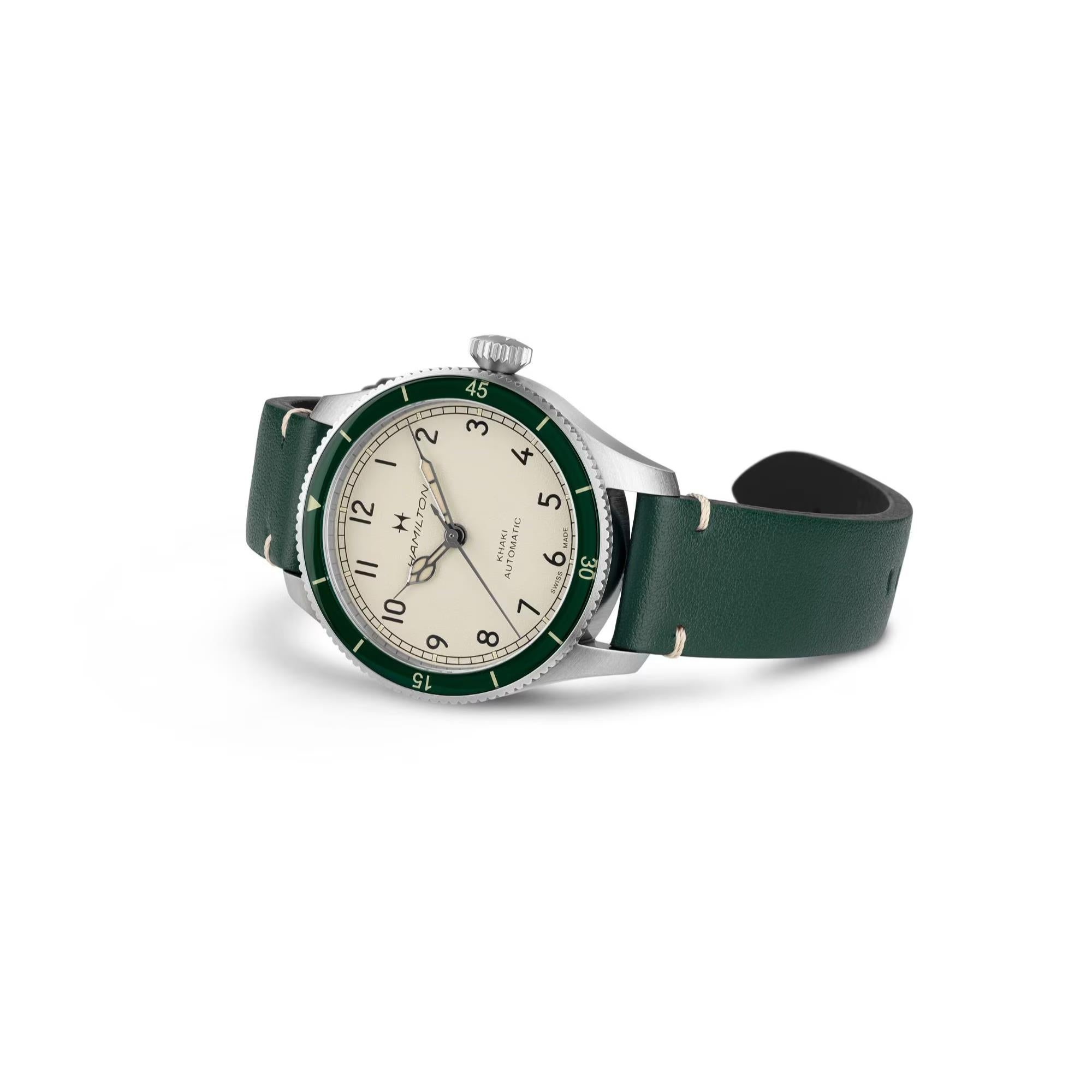 Hamilton Khaki Aviation H76255810 38mm stainless steel case with rotating green bezel side view