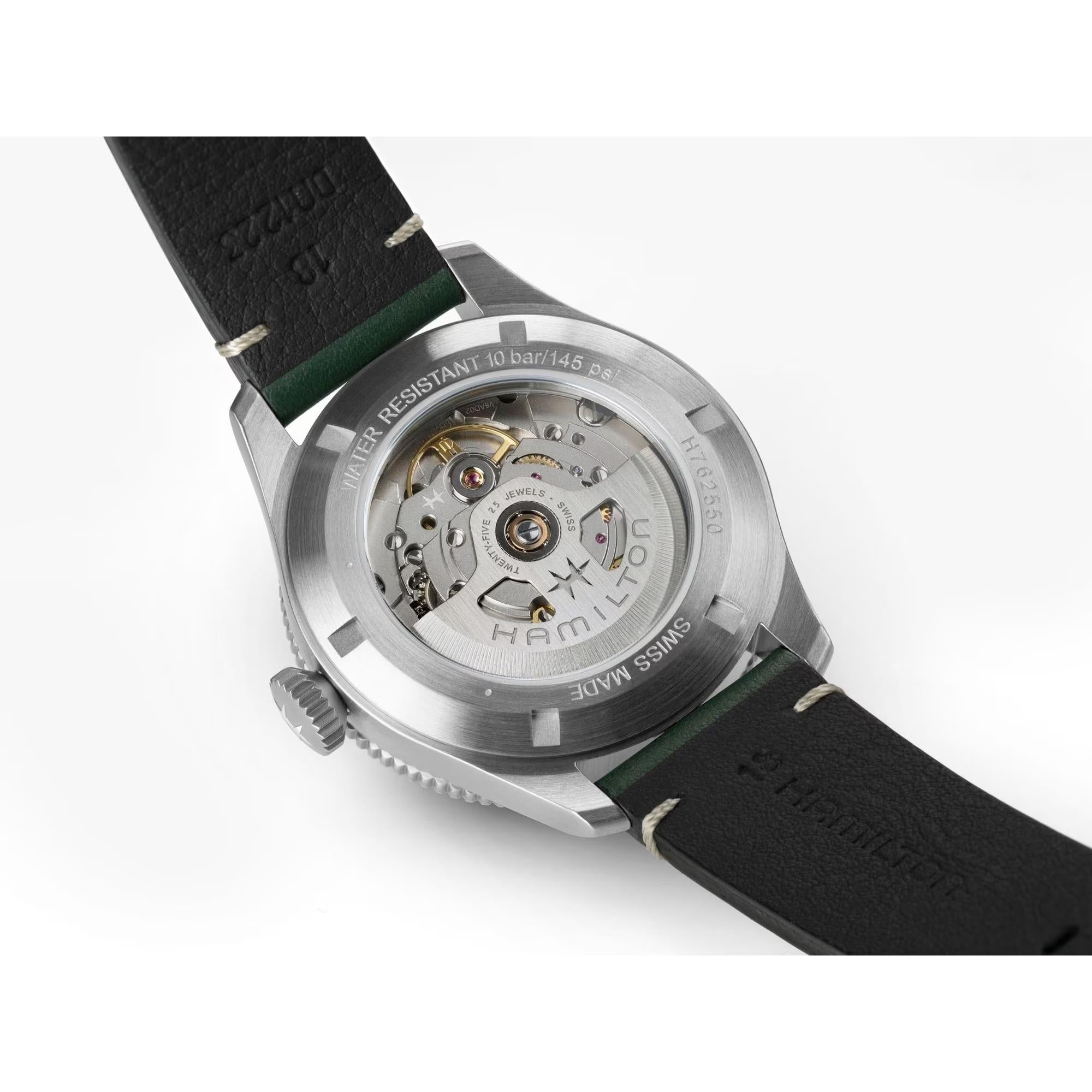 Hamilton Khaki Aviation H76255810 see-through caseback revealing H-10 movement