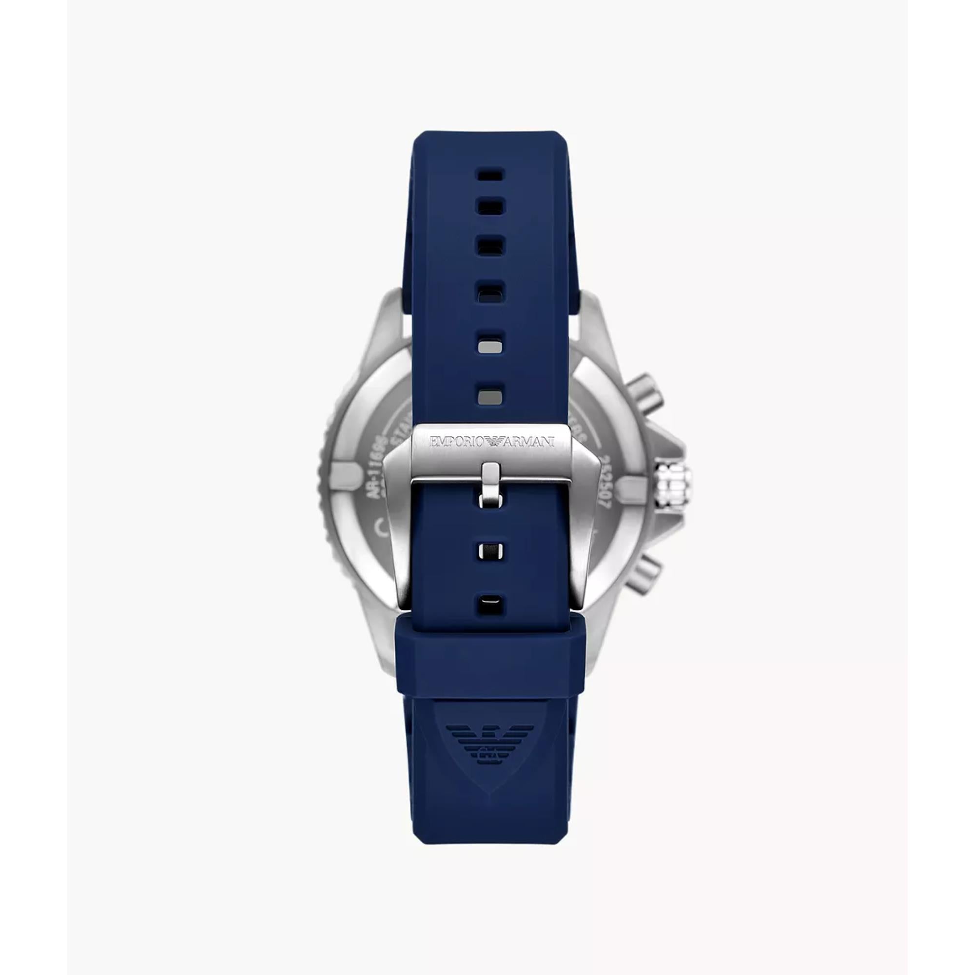 Emporio Armani World Explorer 43mm Chronograph Blue Dial Silicone Mens Solar Watch AR11696