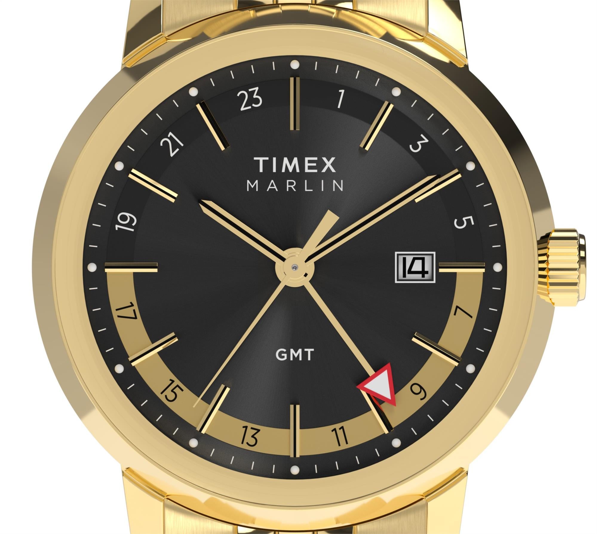 Timex TW2Y47700 black dial with gold-tone 24-hour inner ring, red-tipped GMT hand, and date display close-up
