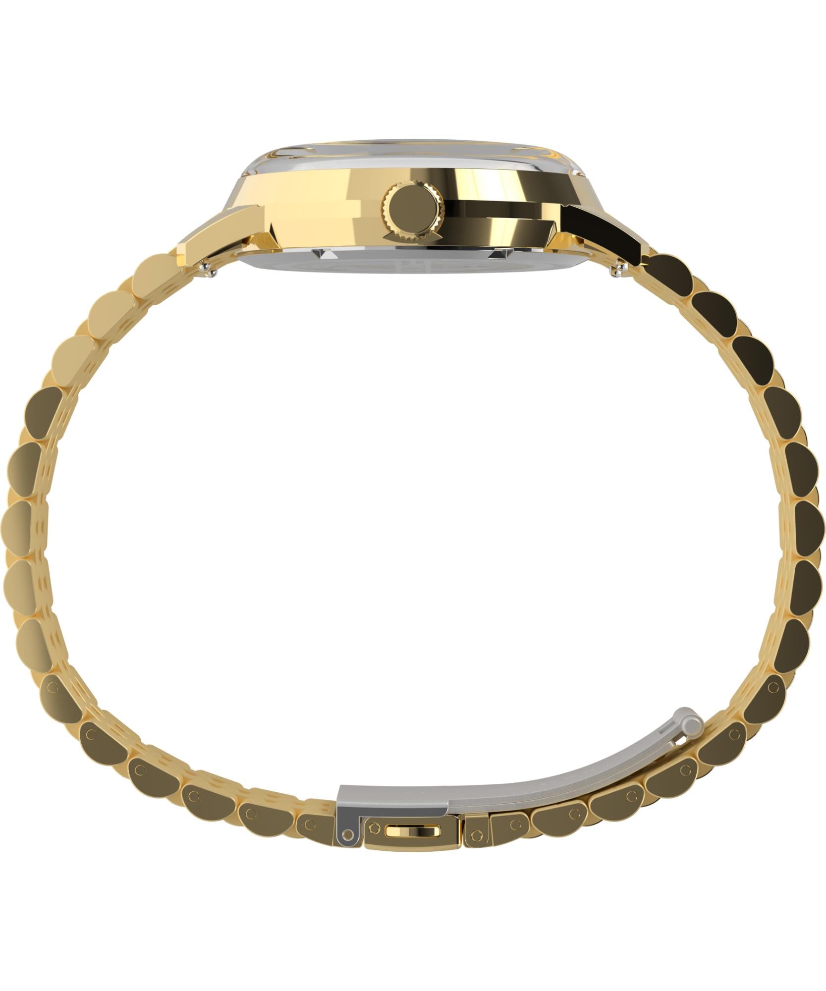 Timex Marlin TW2Y47700 gold-tone steel case side profile showing the domed crystal, crown, and bracelet curve