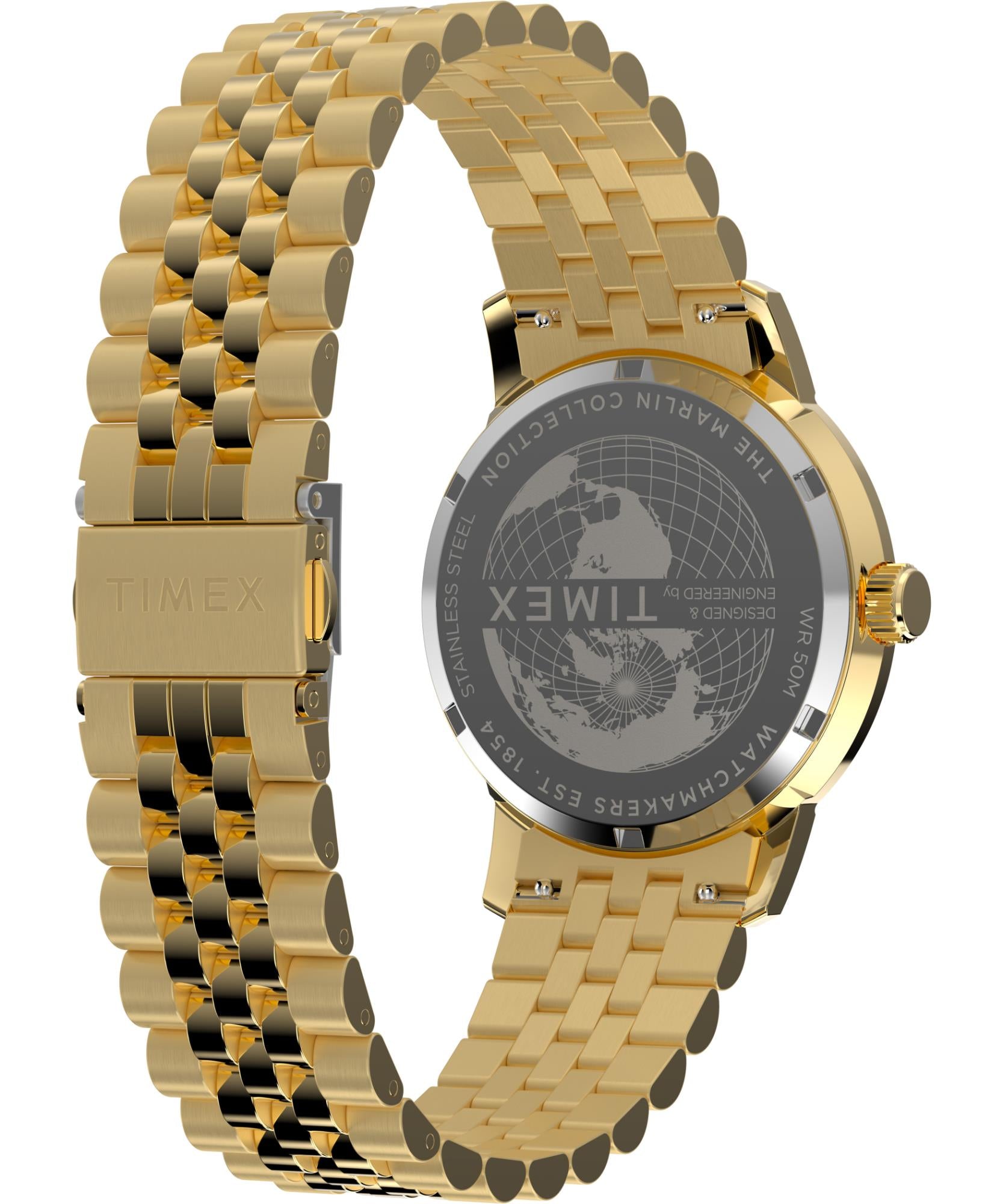 Timex TW2Y47700 gold-tone stainless steel bracelet, folding clasp, and engraved case back angle view
