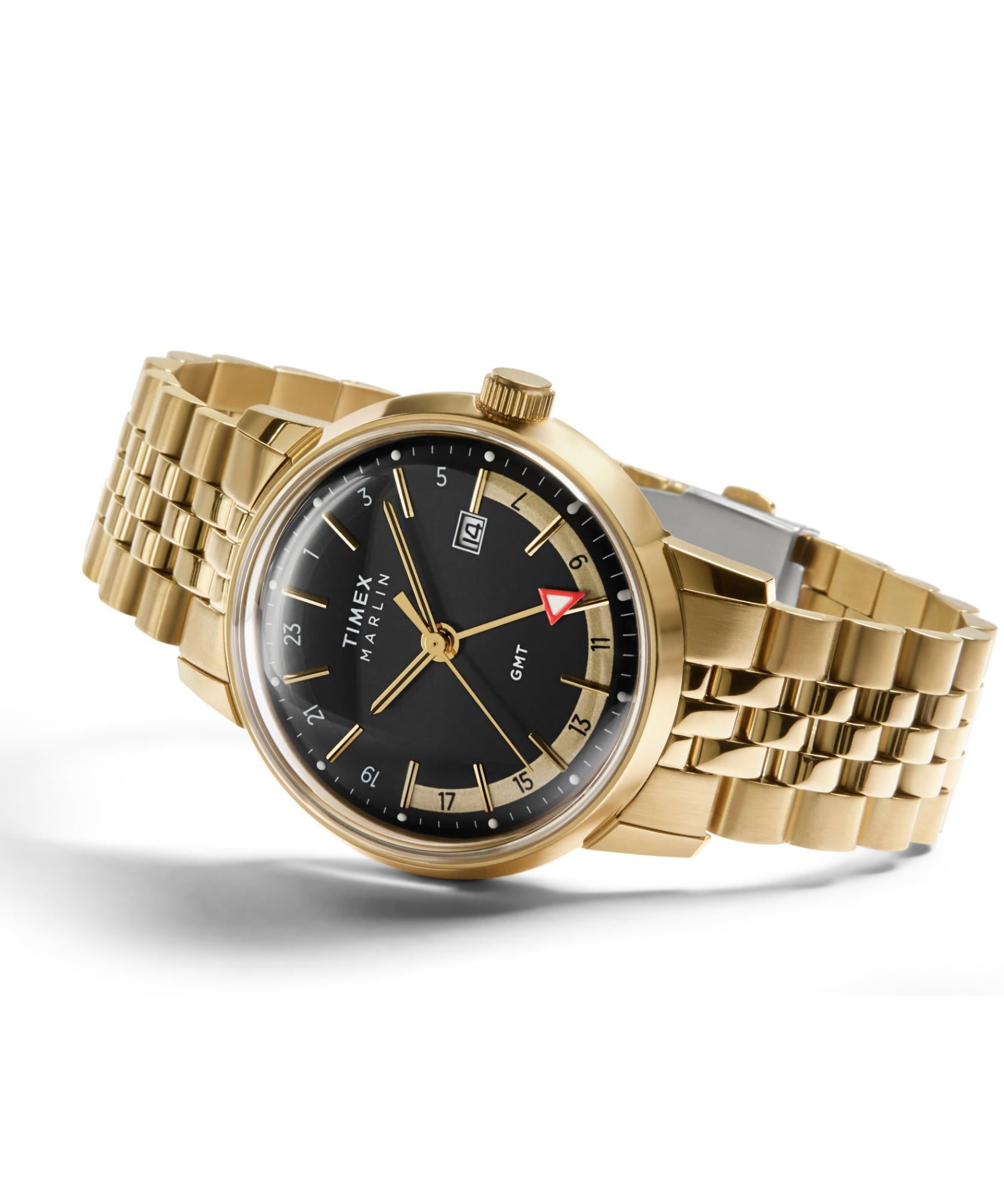 Timex Marlin 40mm GMT black dial gold-tone steel watch TW2Y47700 three-quarter view