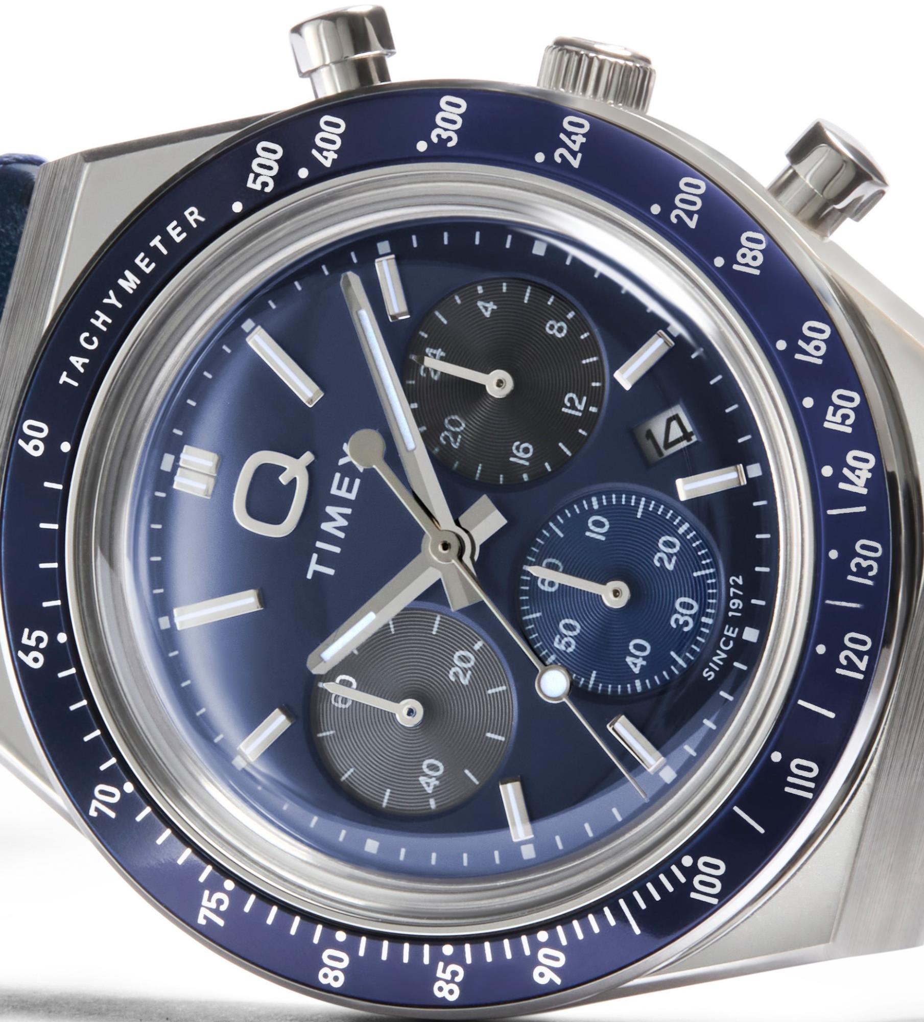 Timex Q 40mm Chronograph Blaues Zifferblatt Leder Herren Quarz Uhr TW2Y36100