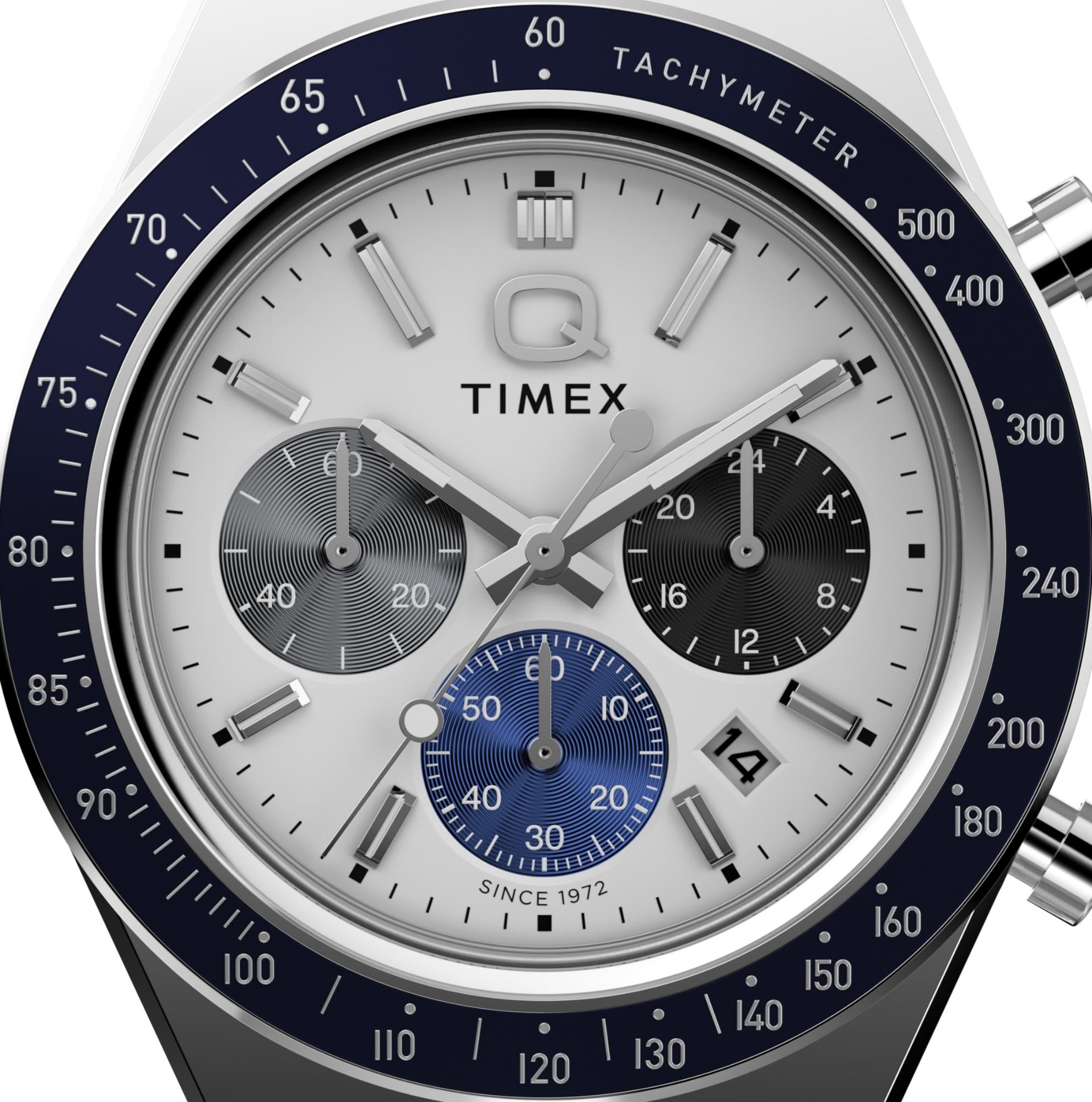 Timex Q TW2Y36200 white dial with three subdials, date display, and dark blue tachymeter bezel close-up