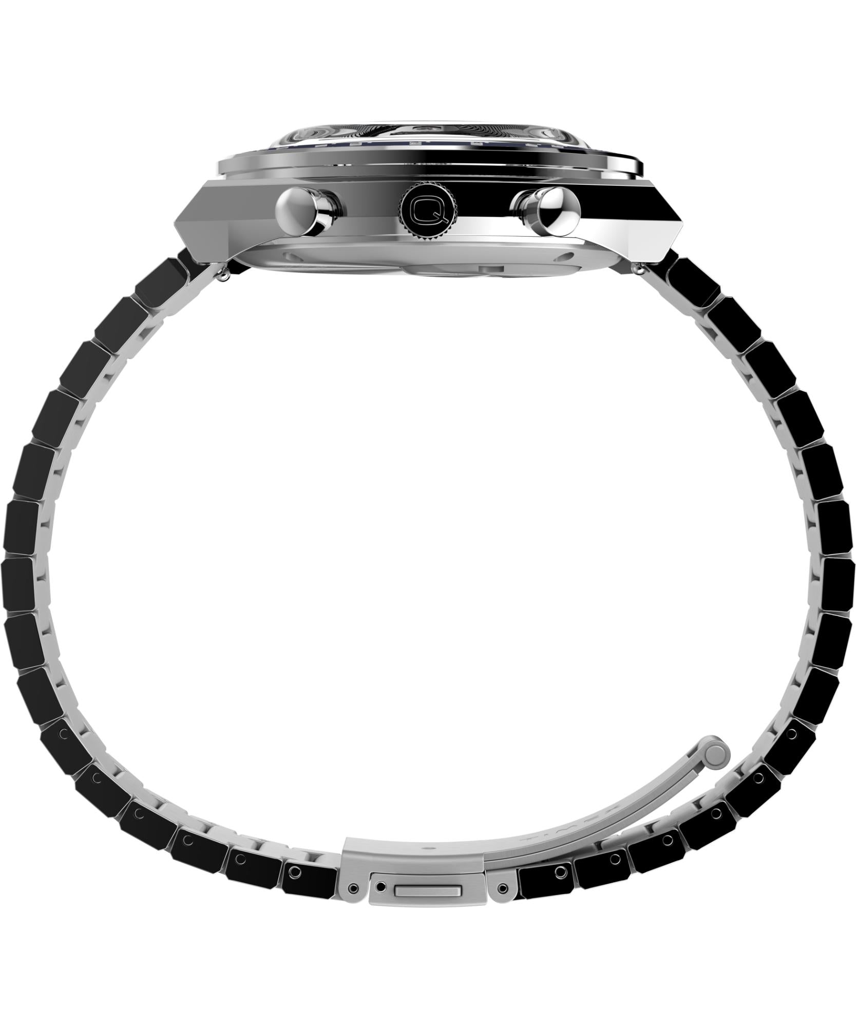 Timex Q TW2Y36200 stainless steel case, crown, and dual chronograph pushers side profile view