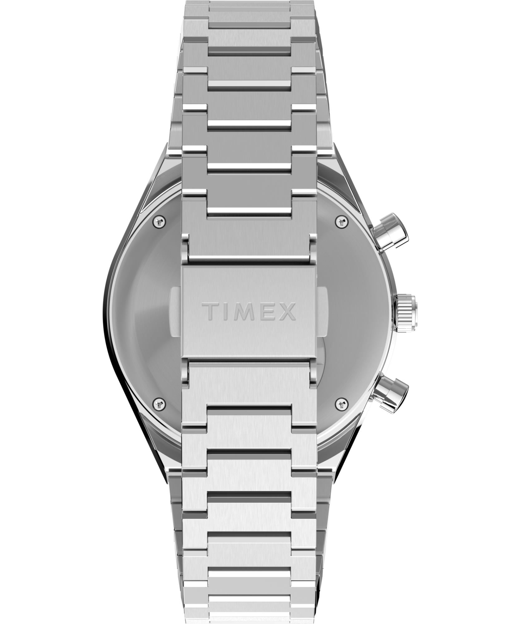Timex Q TW2Y36200 stainless steel bracelet and engraved deployment clasp back view