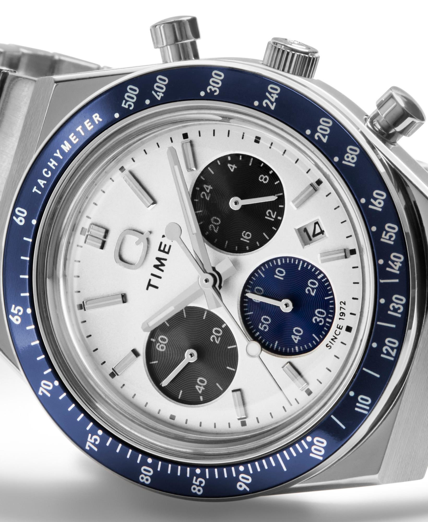 Timex Q 40mm Chronograph TW2Y36200 stainless steel watch three-quarters closeup angled view