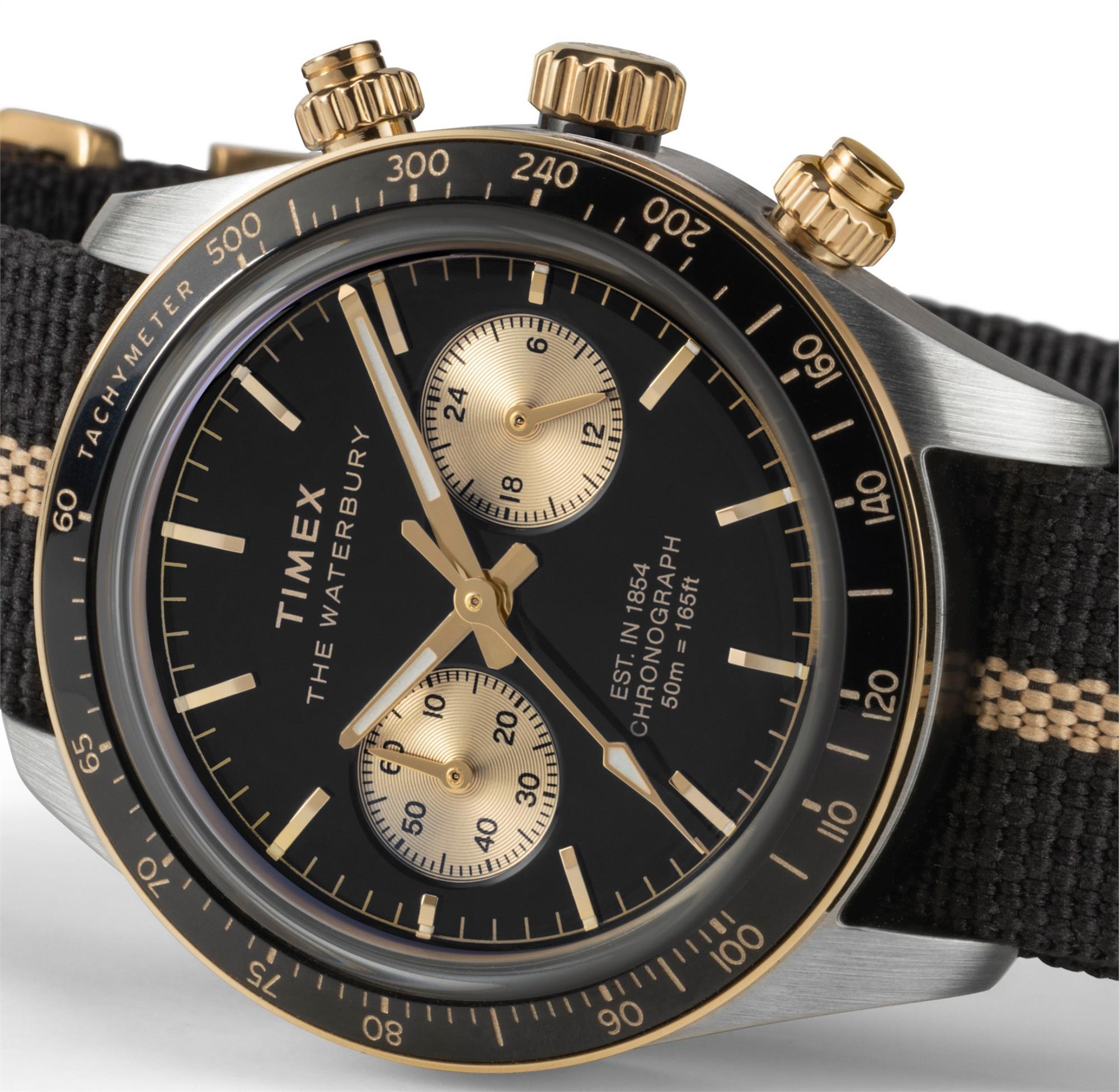 Timex Waterbury 39mm Chronograph Schwarzes Zifferblatt Stoff Herren Quarz Uhr TW2Y35400