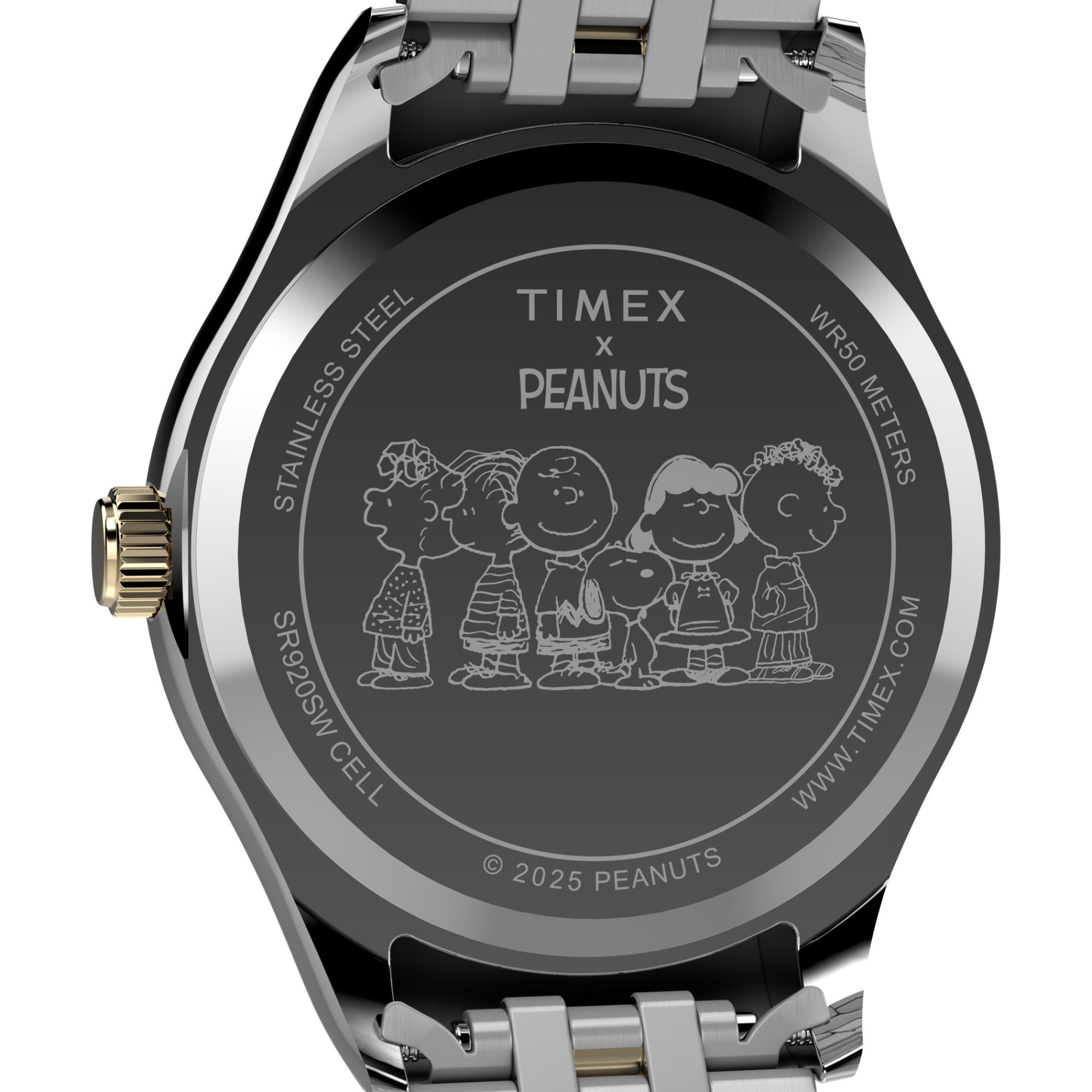 Timex Peanuts TW2Y11100 stainless steel caseback featuring a Peanuts characters engraving close-up