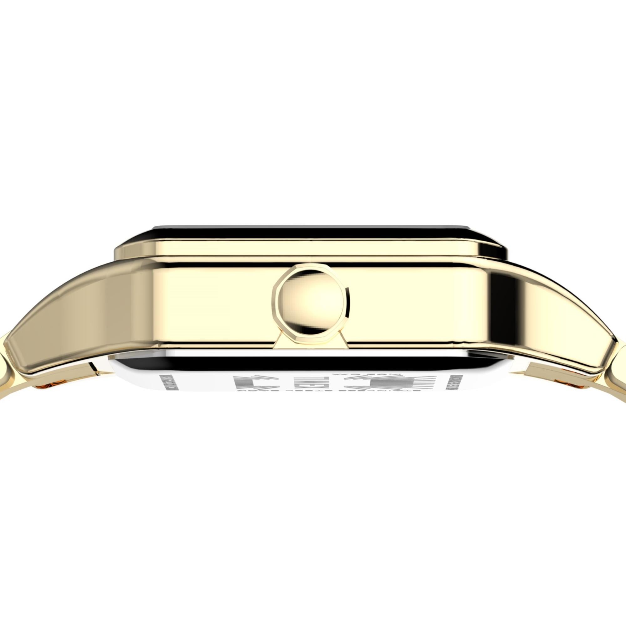 Timex Trend TW2Y23700 gold-tone steel square case and crown detail profile view