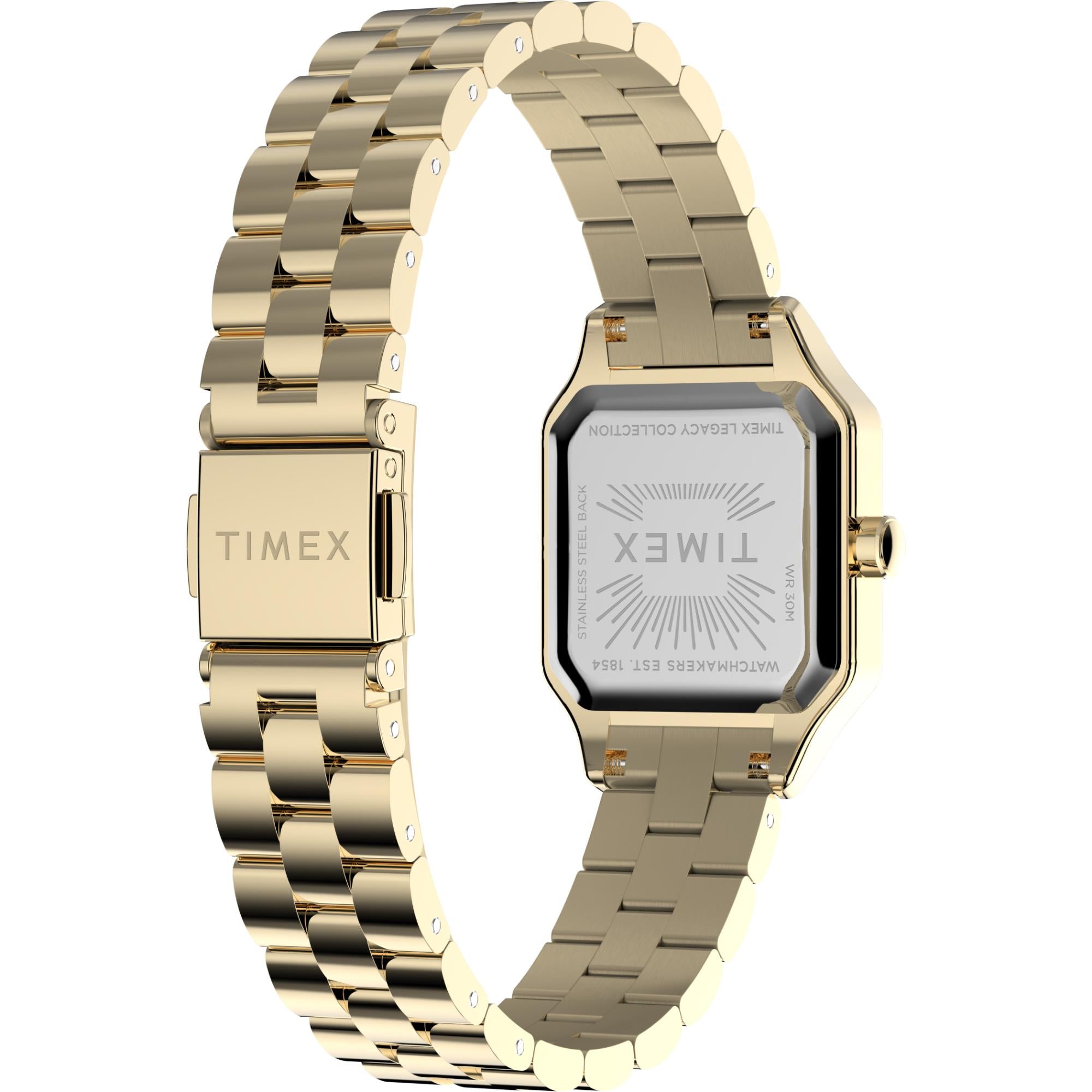 Timex TW2Y23700 stainless steel case back and gold-tone bracelet clasp view