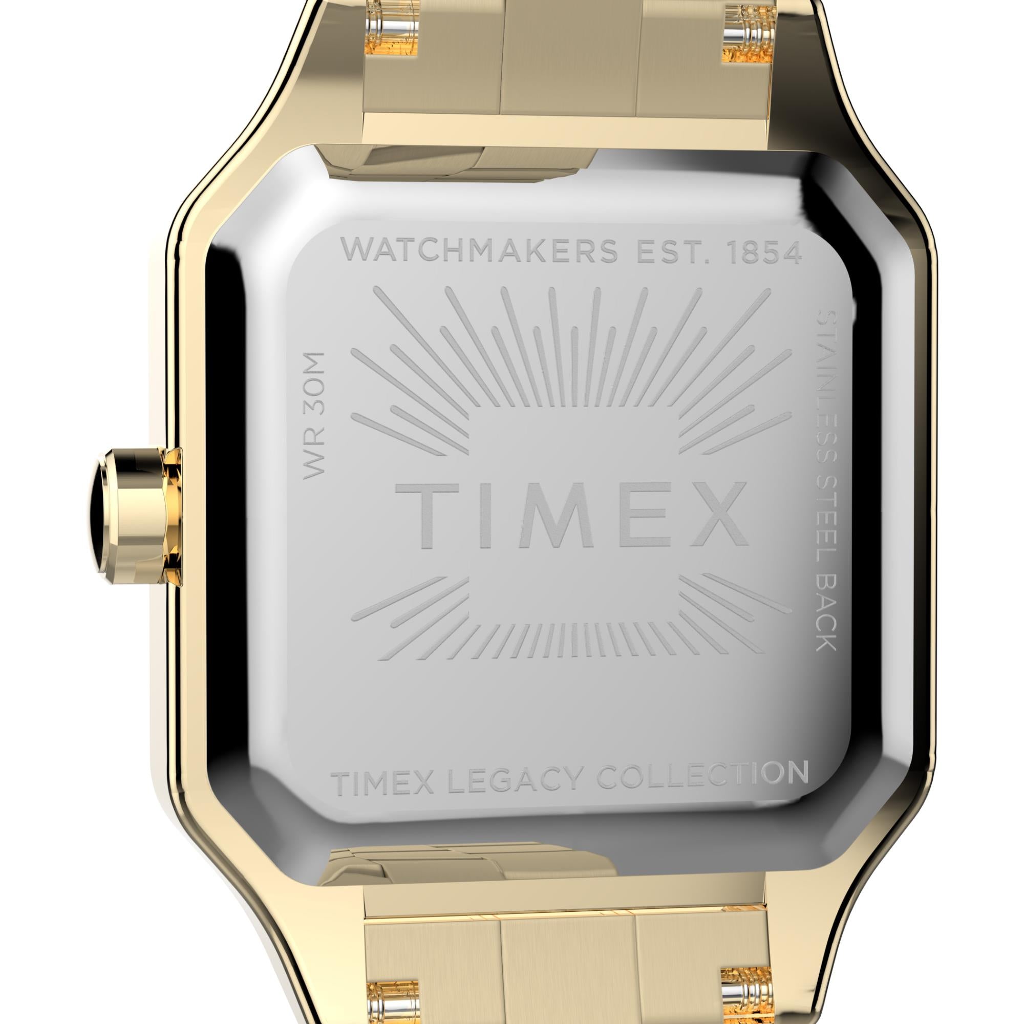 Timex Legacy Collection engraved stainless steel case back close-up