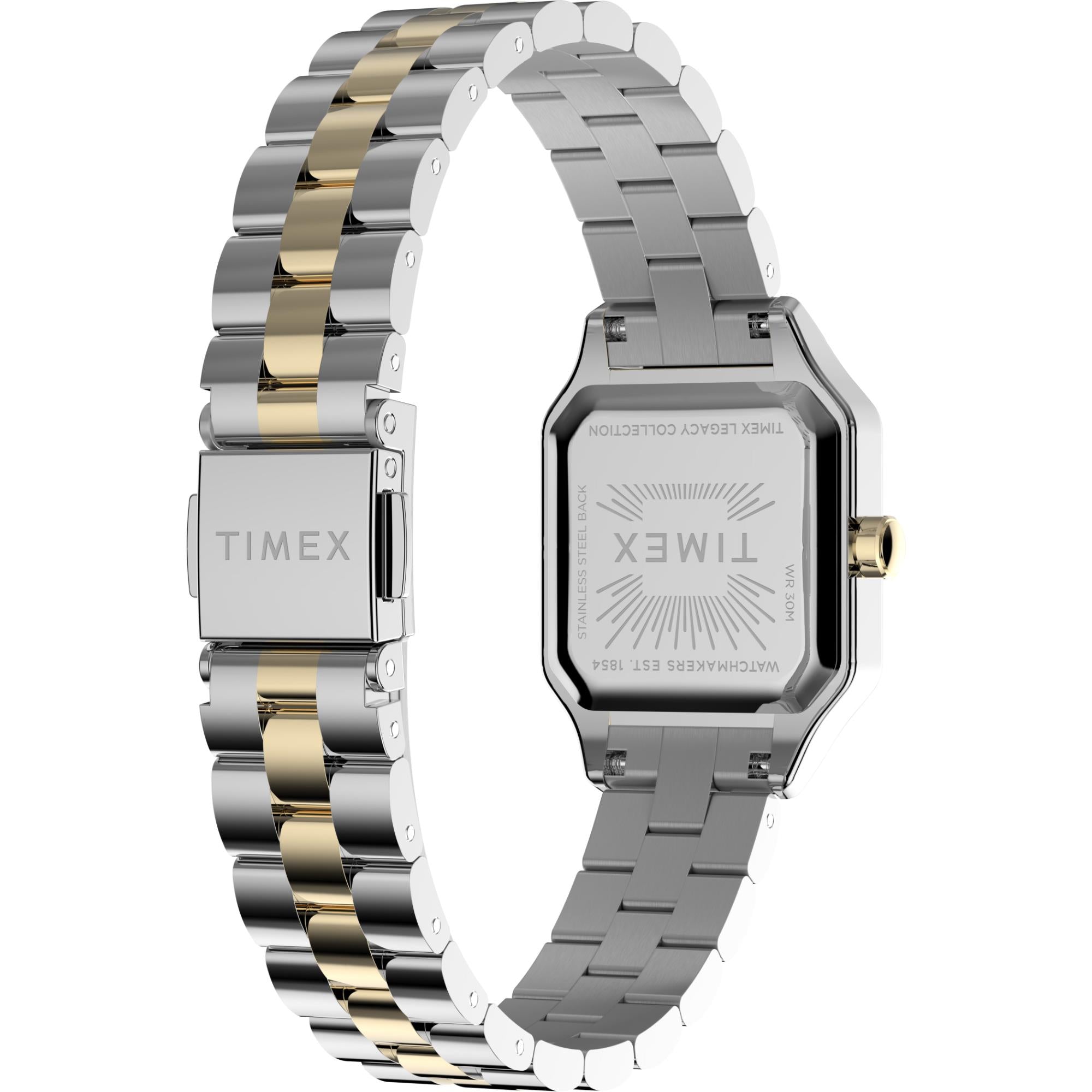Timex TW2Y23900 angled view showing the case back engraving and deployment clasp signature