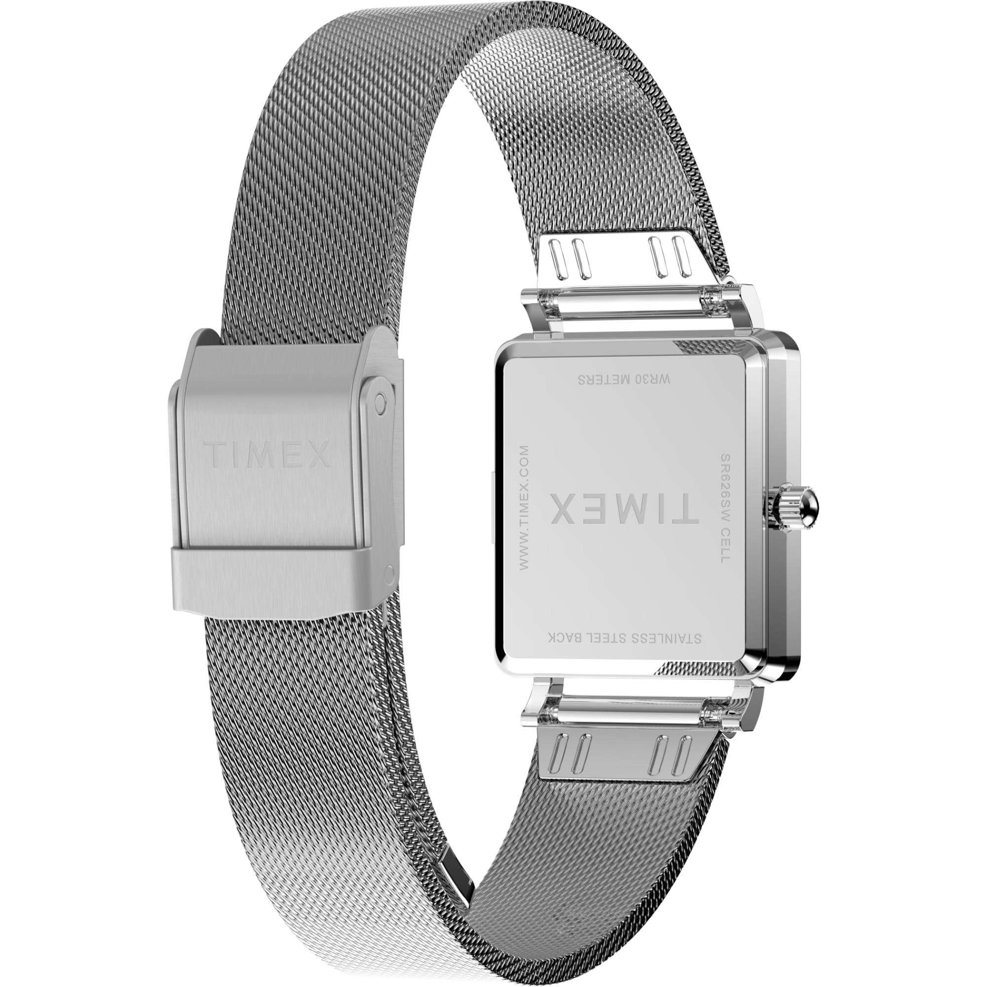 Timex TW2Y26300 stainless steel case back and mesh strap with sliding clasp angled view