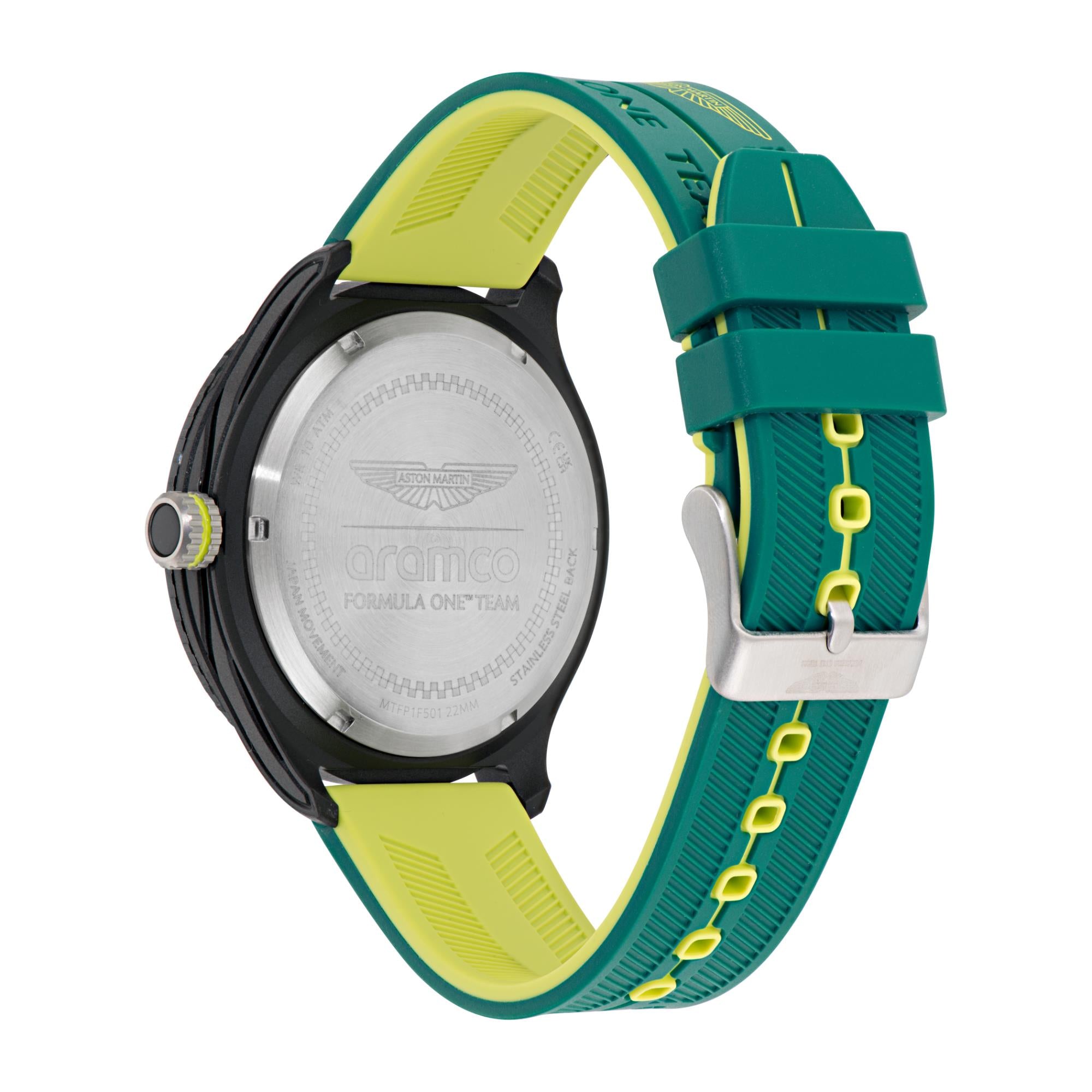 Aston Martin Aramco Formula One Team Quartz Chronograph Black Dial Podium Green and Yellow Silicone Strap Men's Watch MTFP1F501