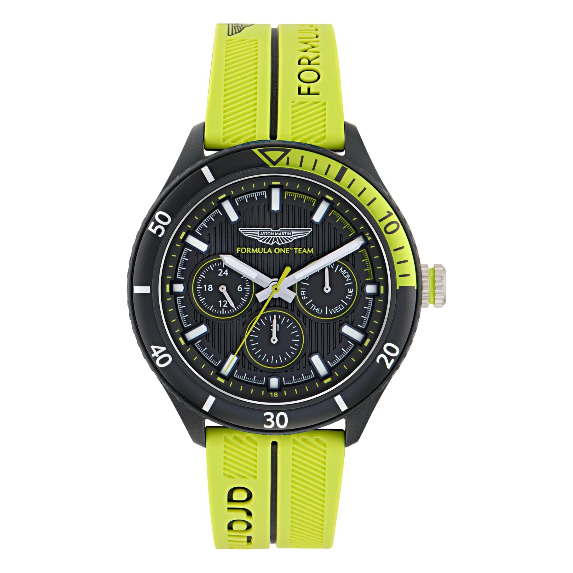 Aston Martin Aramco Formel Eins Team Quarz Chronograph Schwarzes Zifferblatt Gelbes und Schwarzes Silikonarmband Herren Uhr MTFP1F502