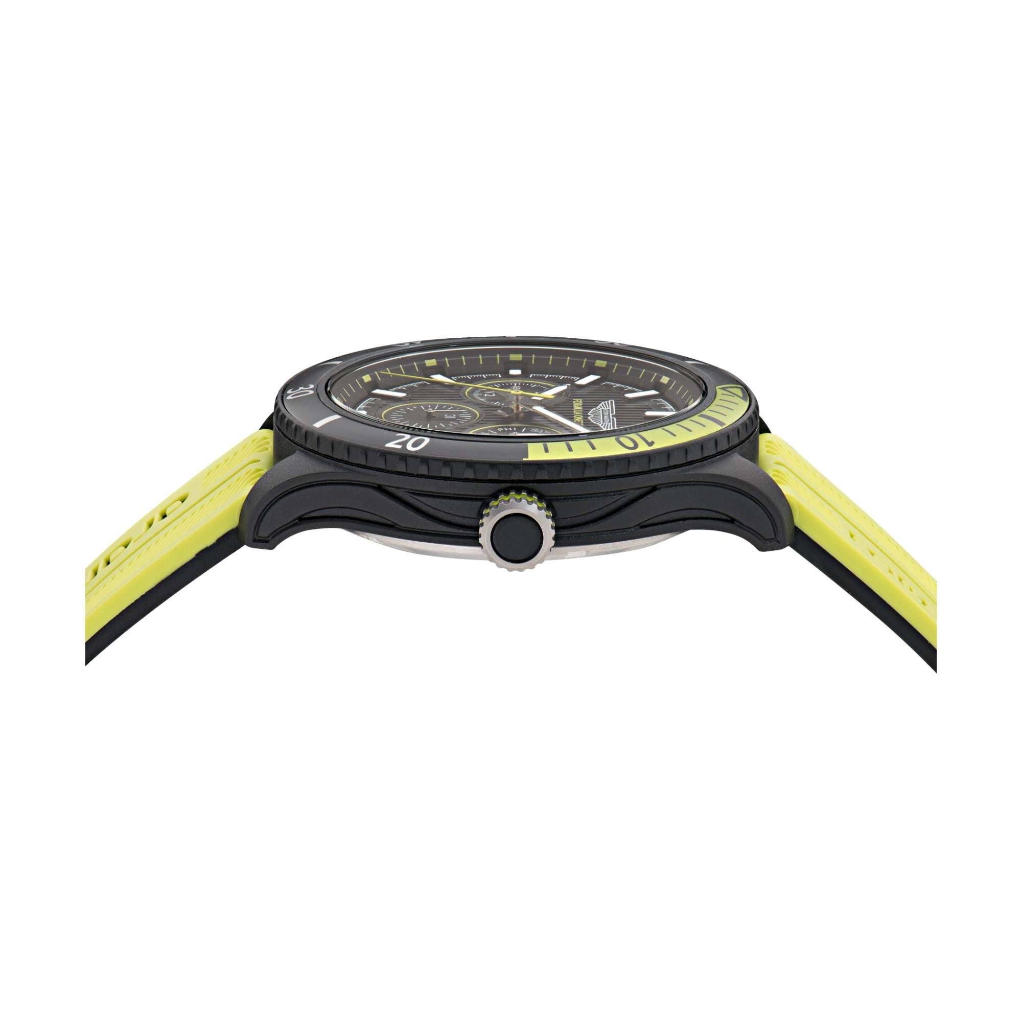 Aston Martin Aramco Formel Eins Team Quarz Chronograph Schwarzes Zifferblatt Gelbes und Schwarzes Silikonarmband Herren Uhr MTFP1F502
