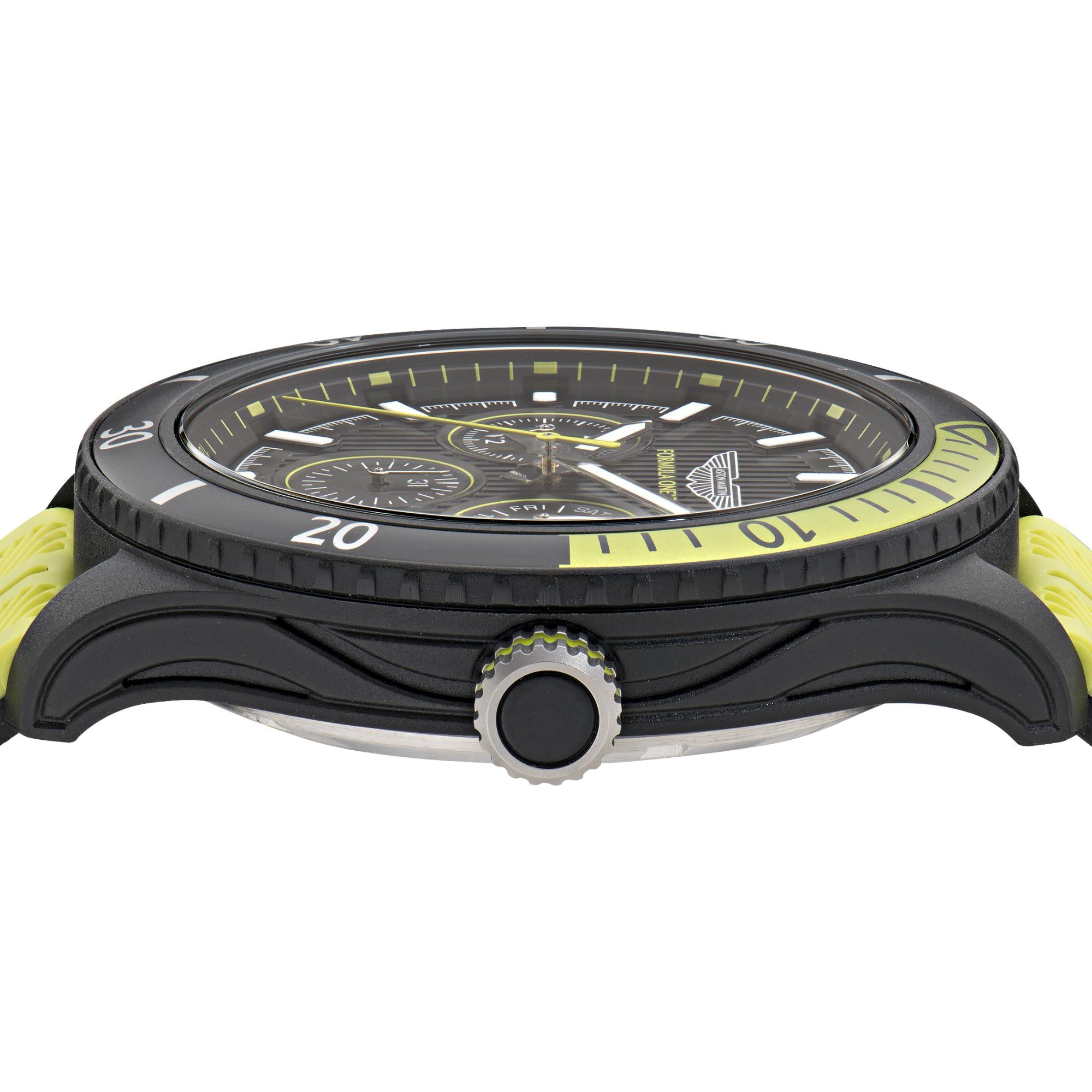 Aston Martin Aramco Formel Eins Team Quarz Chronograph Schwarzes Zifferblatt Gelbes und Schwarzes Silikonarmband Herren Uhr MTFP1F502