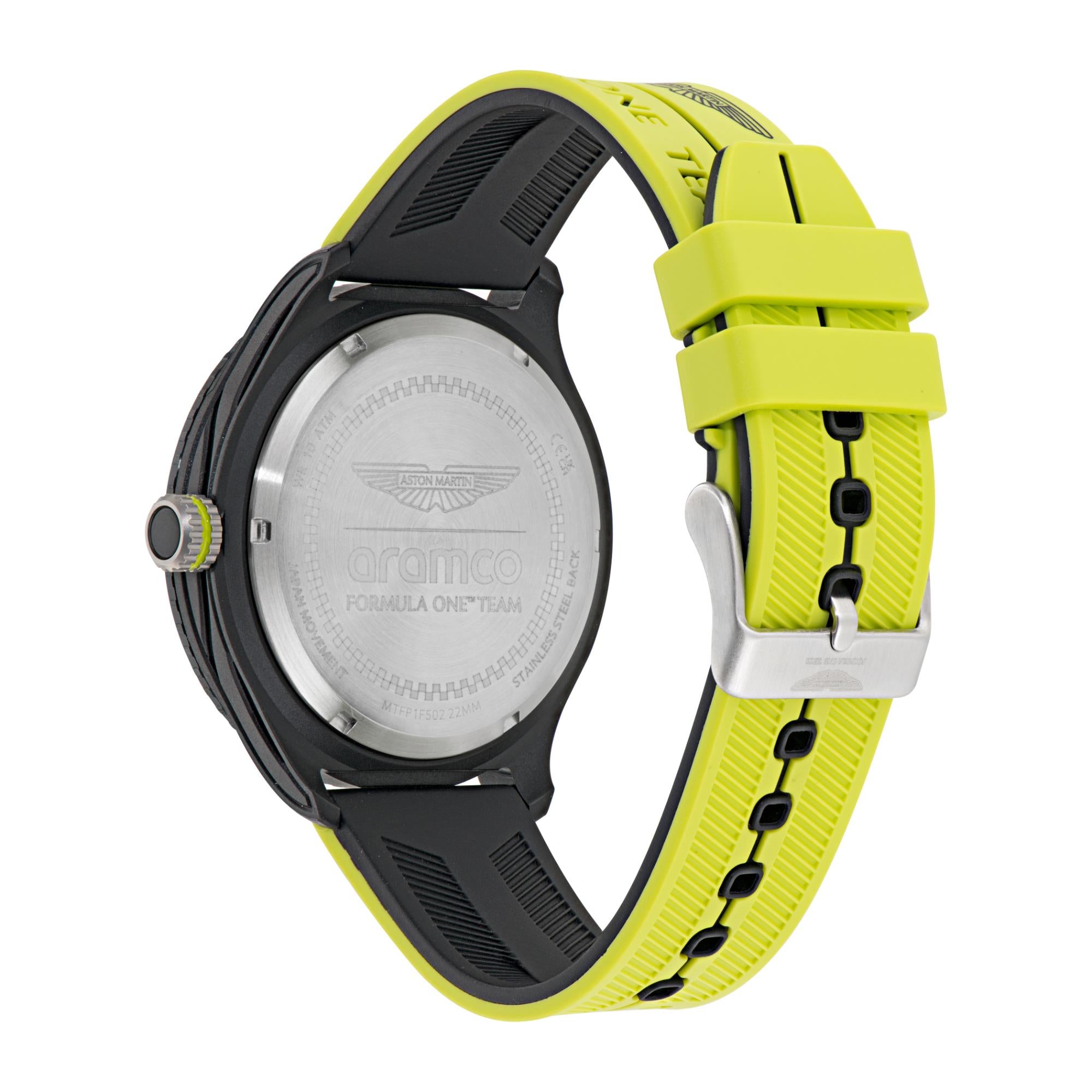 Aston Martin Aramco Formel Eins Team Quarz Chronograph Schwarzes Zifferblatt Gelbes und Schwarzes Silikonarmband Herren Uhr MTFP1F502