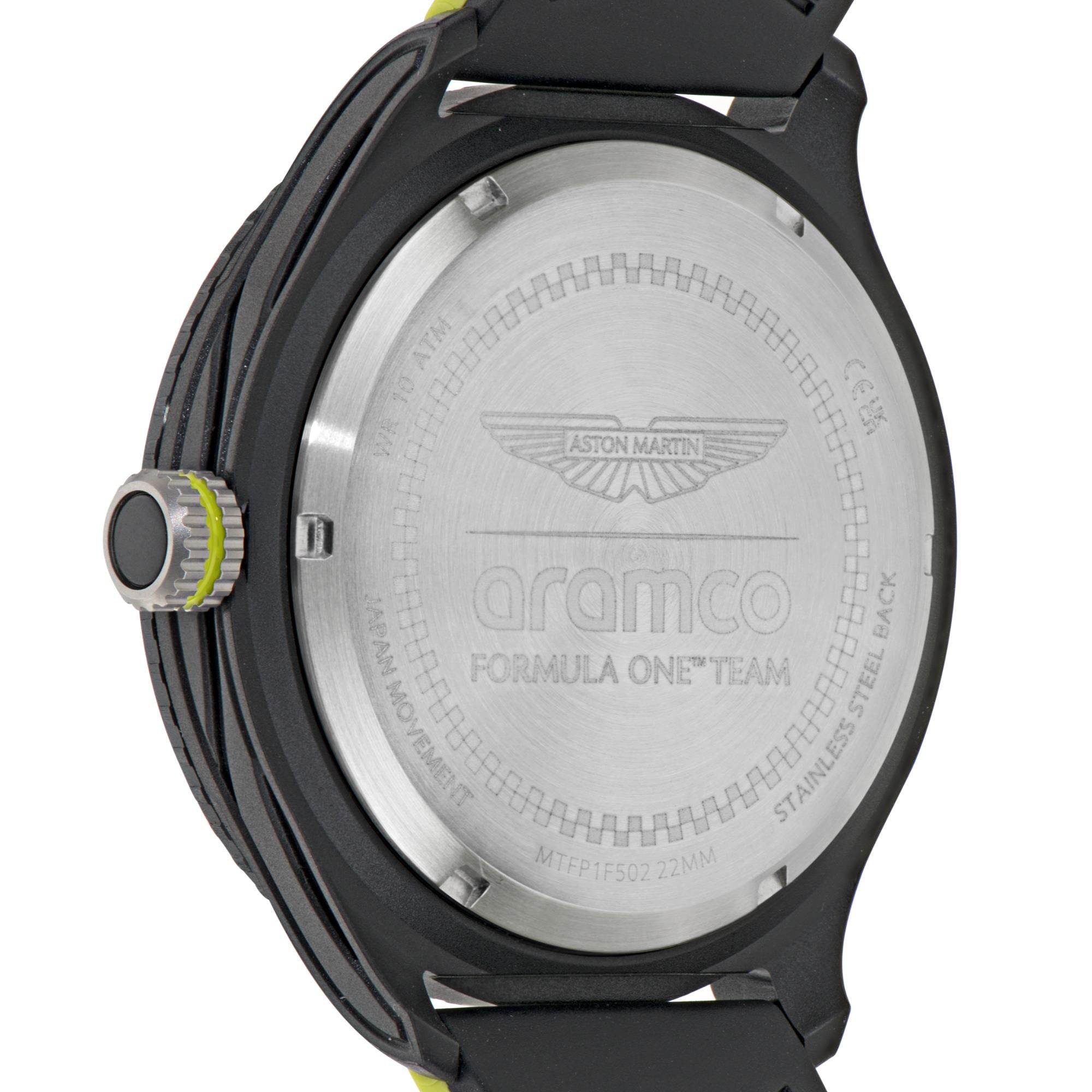Aston Martin Aramco Formel Eins Team Quarz Chronograph Schwarzes Zifferblatt Gelbes und Schwarzes Silikonarmband Herren Uhr MTFP1F502