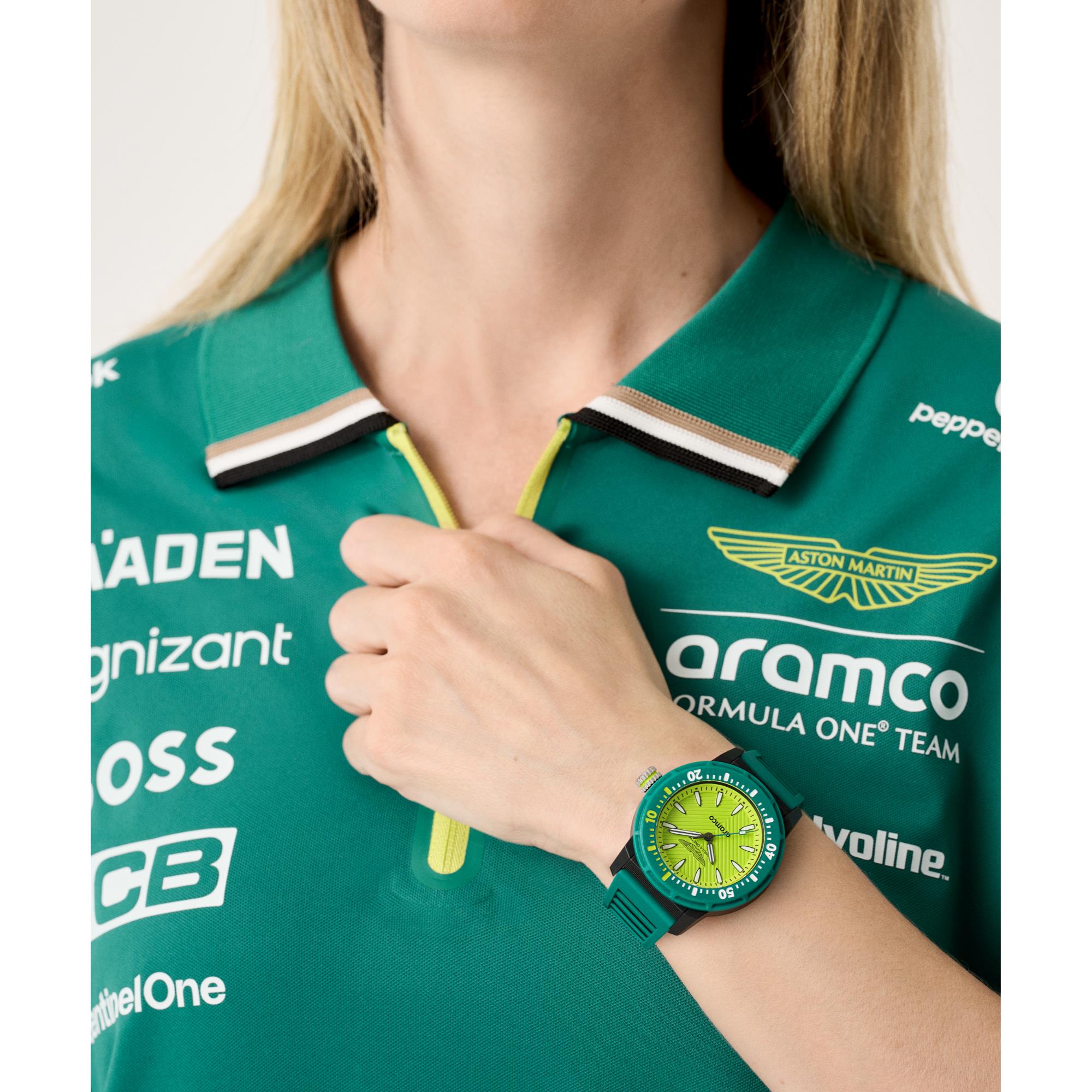 Aston Martin Aramco Formula One Team Yellow Dial Podium Green Silicone Watch MTFK1F501