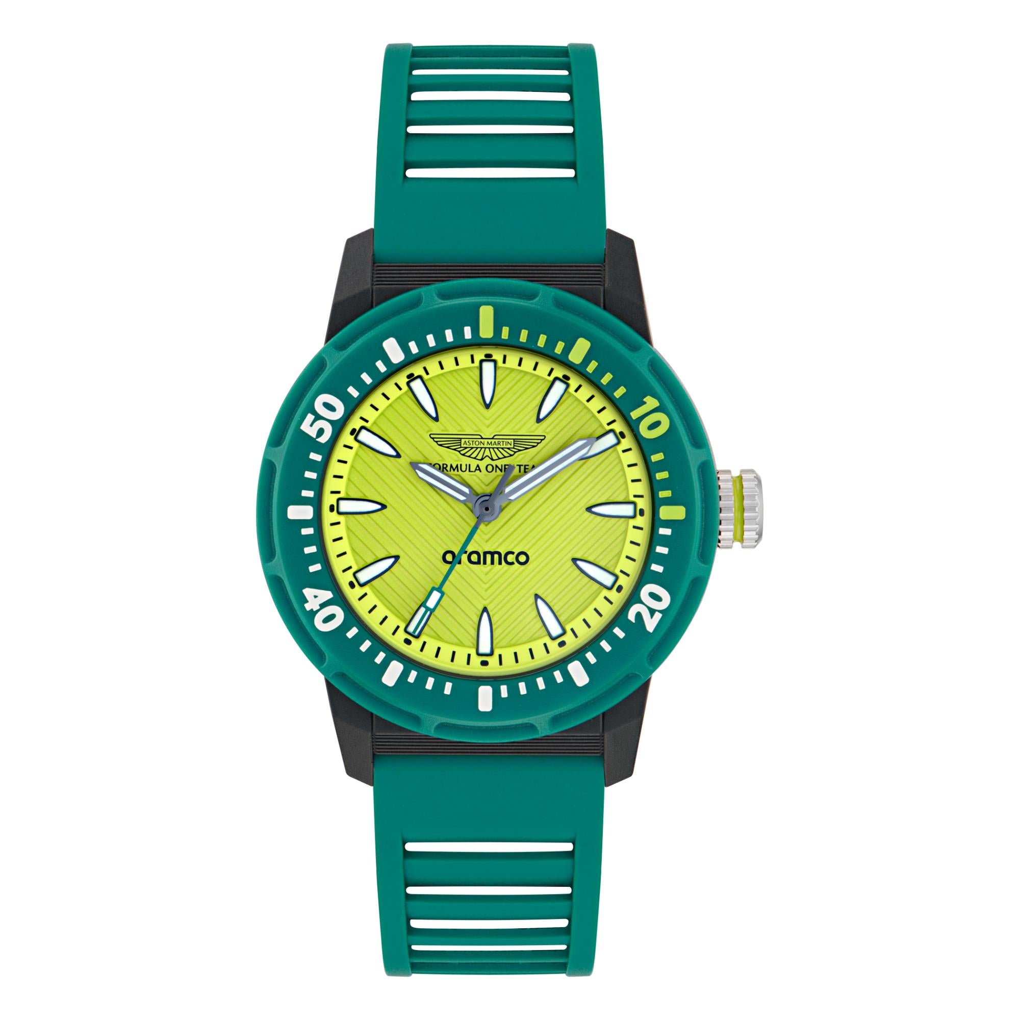 Aston Martin Aramco Formula One Team Yellow Dial Podium Green Silicone Watch MTFK1F501