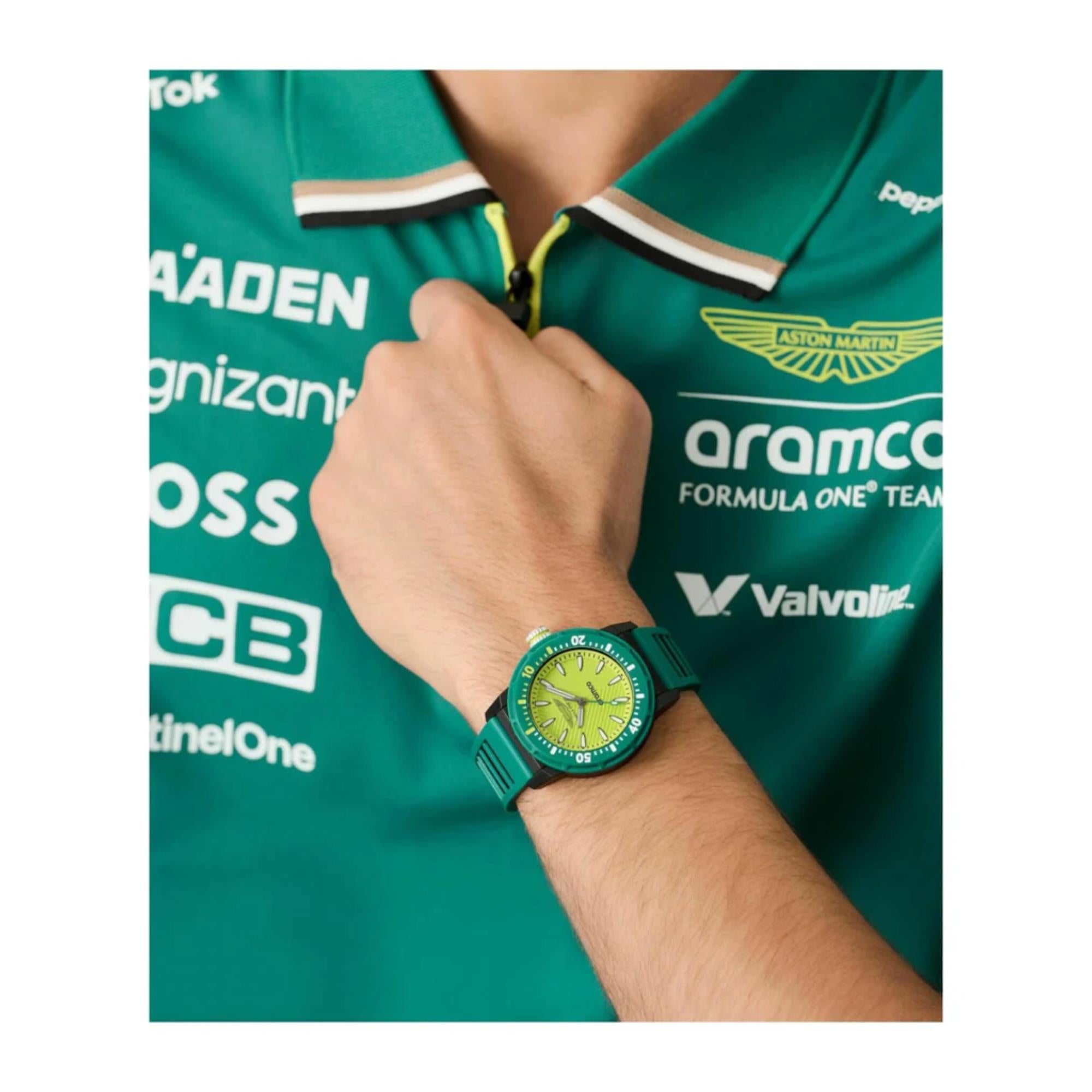 Aston Martin Aramco Formula One Team Yellow Dial Podium Green Silicone Watch MTFK1F501