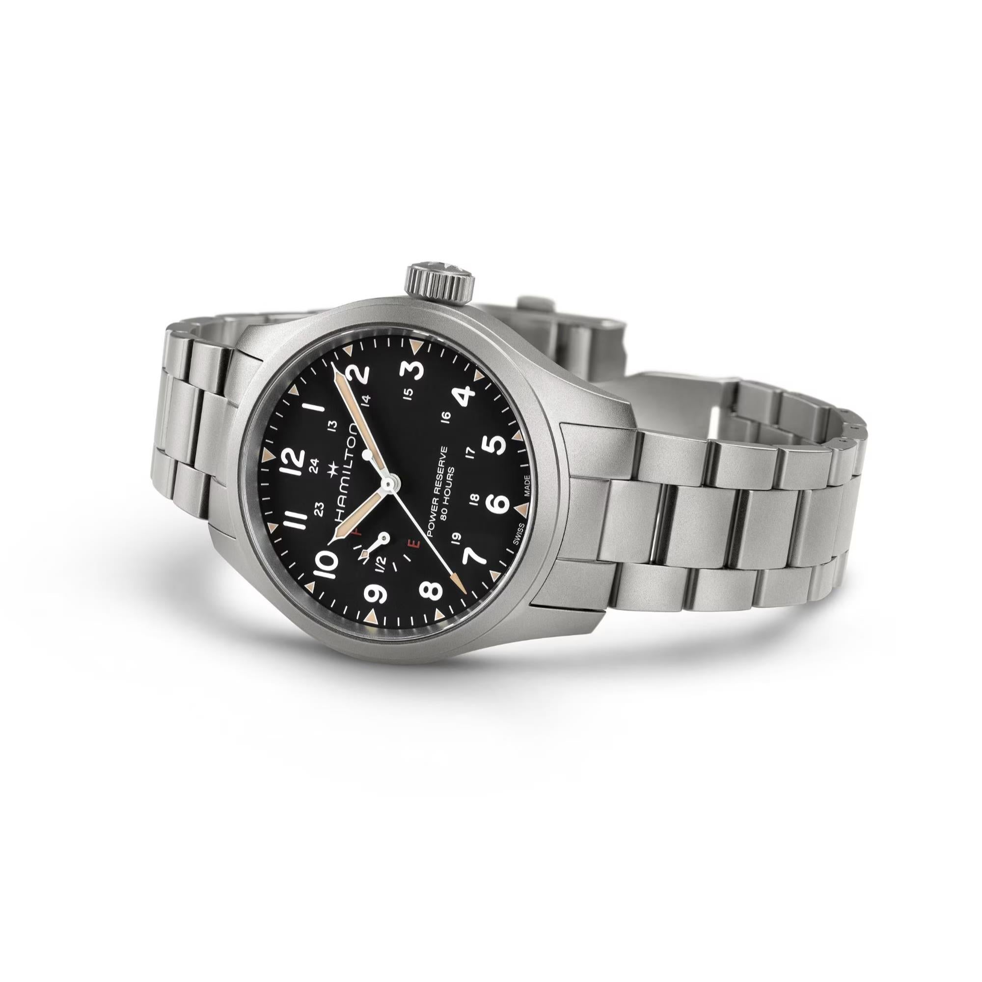 Hamilton Khaki Field H69509130 syringe hands and Arabic numerals close-up