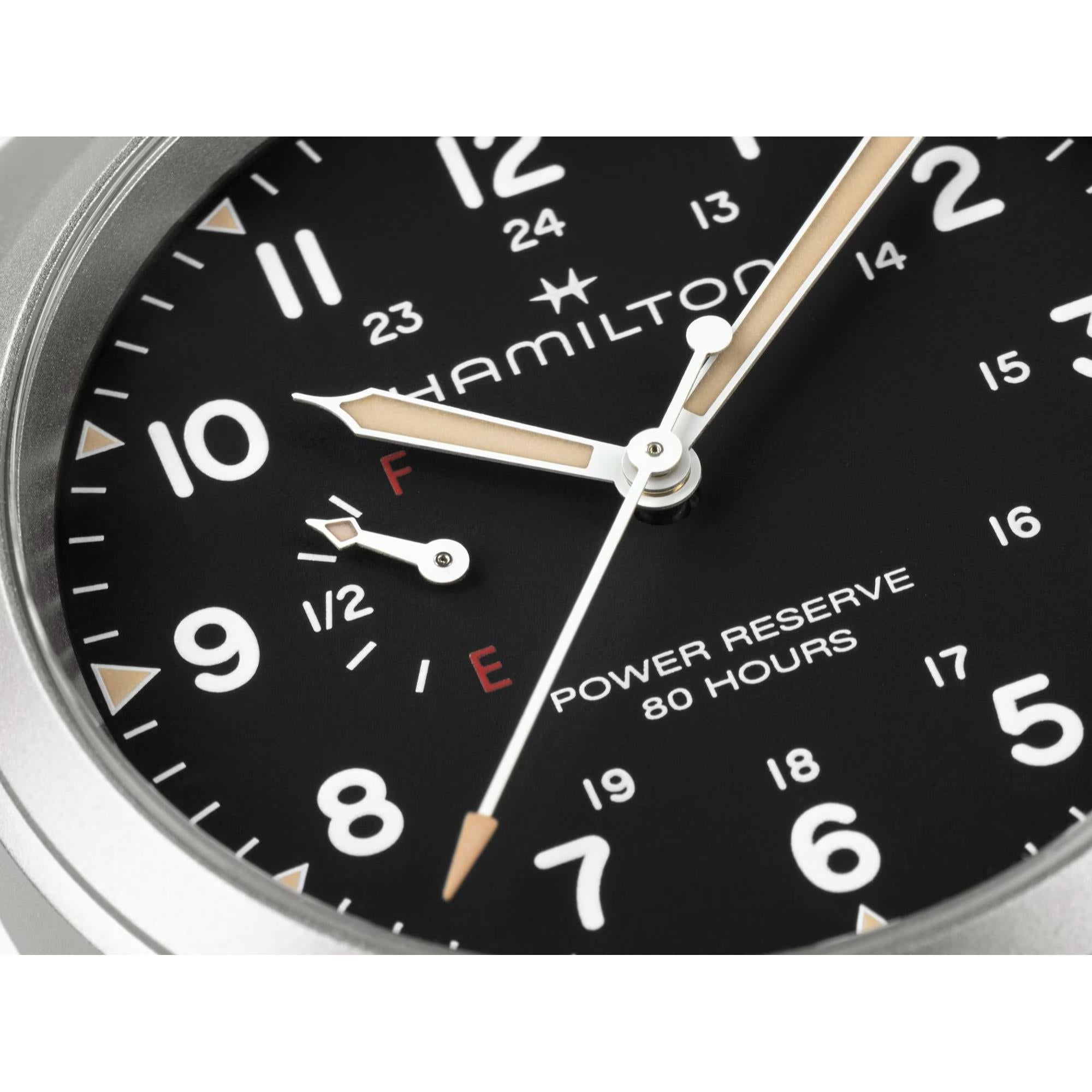 Hamilton Khaki Field H69509130 black dial with power reserve indicator at 9 o'clock close-up