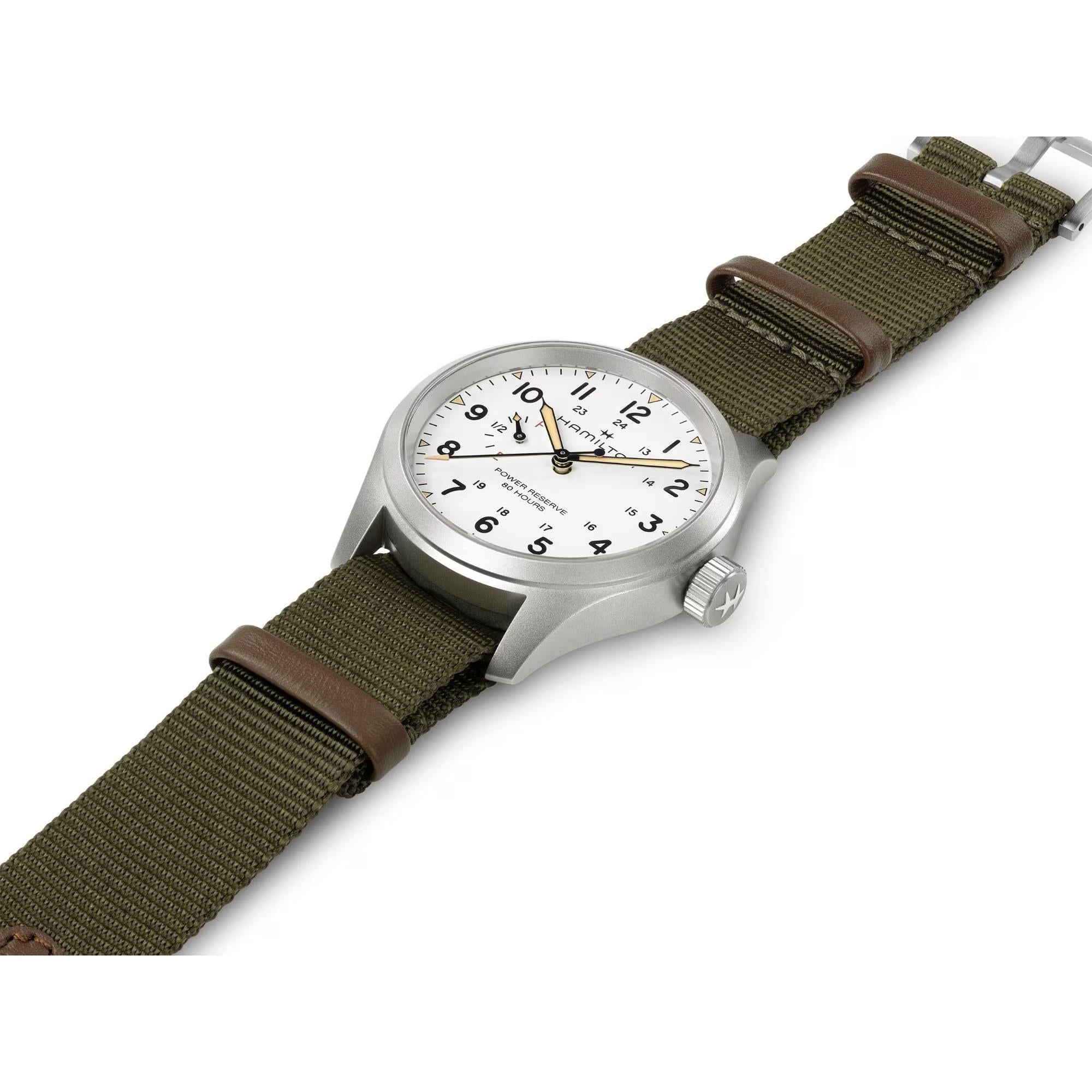 Hamilton Khaki Field H69509910 khaki green NATO strap and pin buckle detail