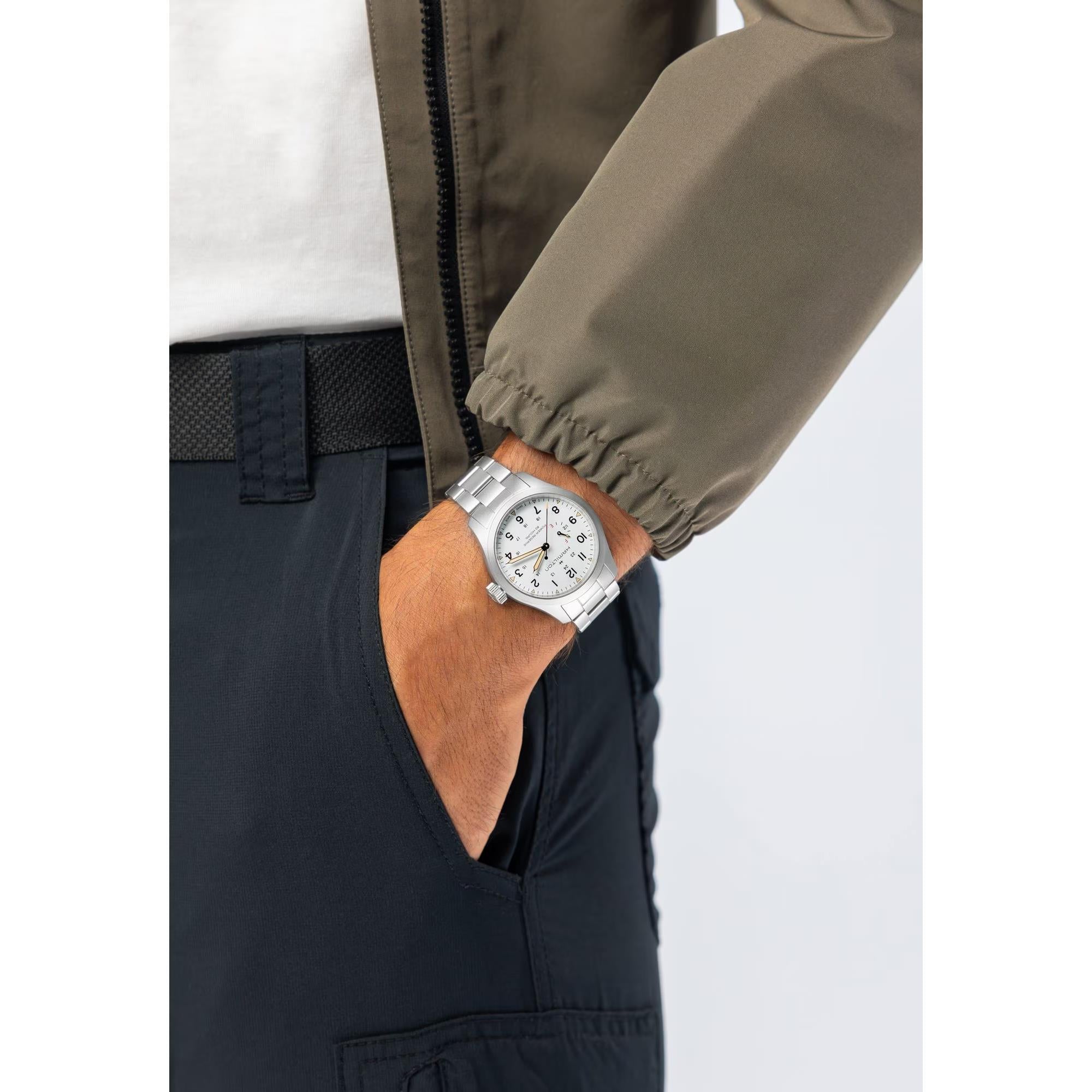 Hamilton Khaki Field Power Reserve White Dial Steel watch worn on wrist H69509110