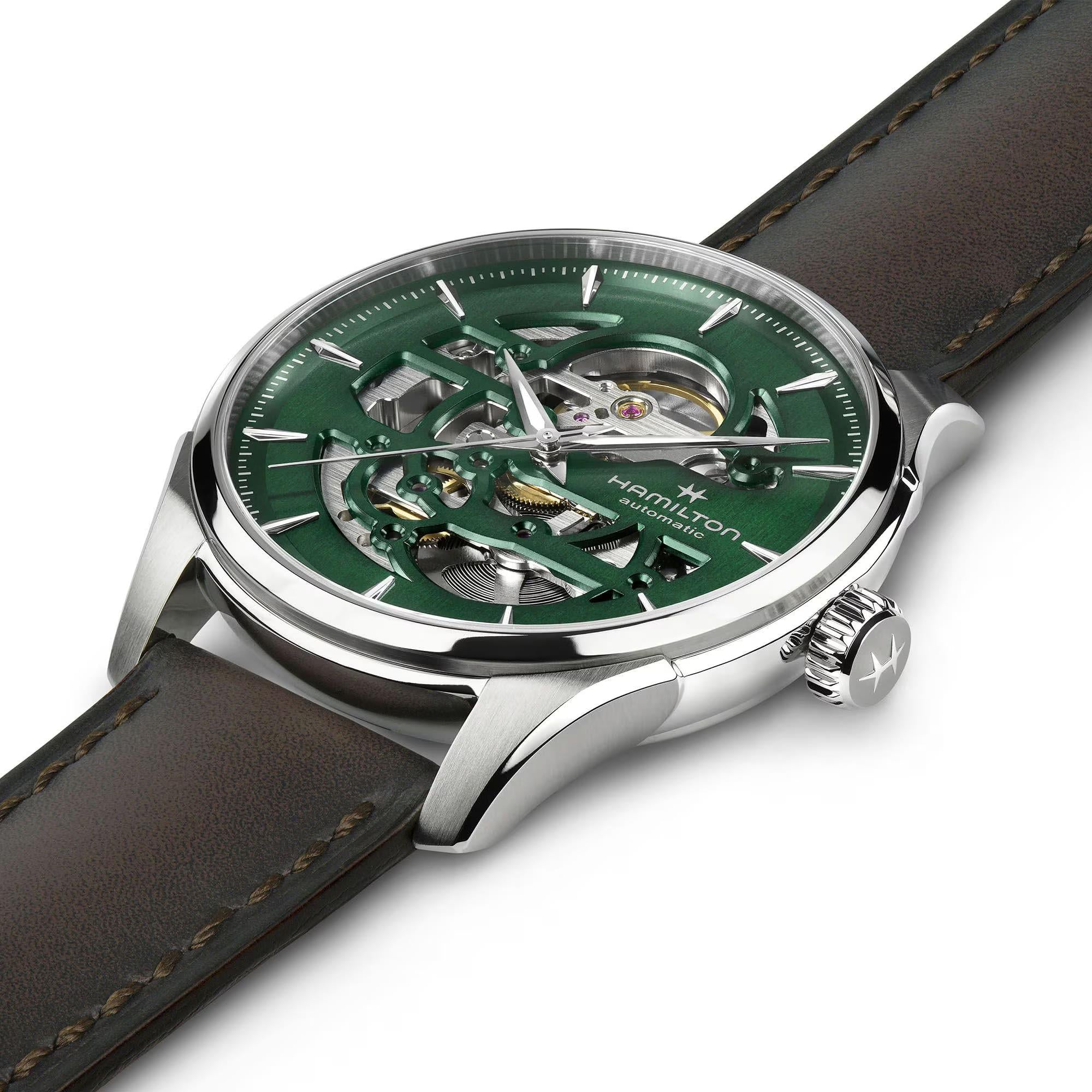 Hamilton Jazzmaster 40mm Skeleton Automatic Green Dial Leather Strap Men's Watch