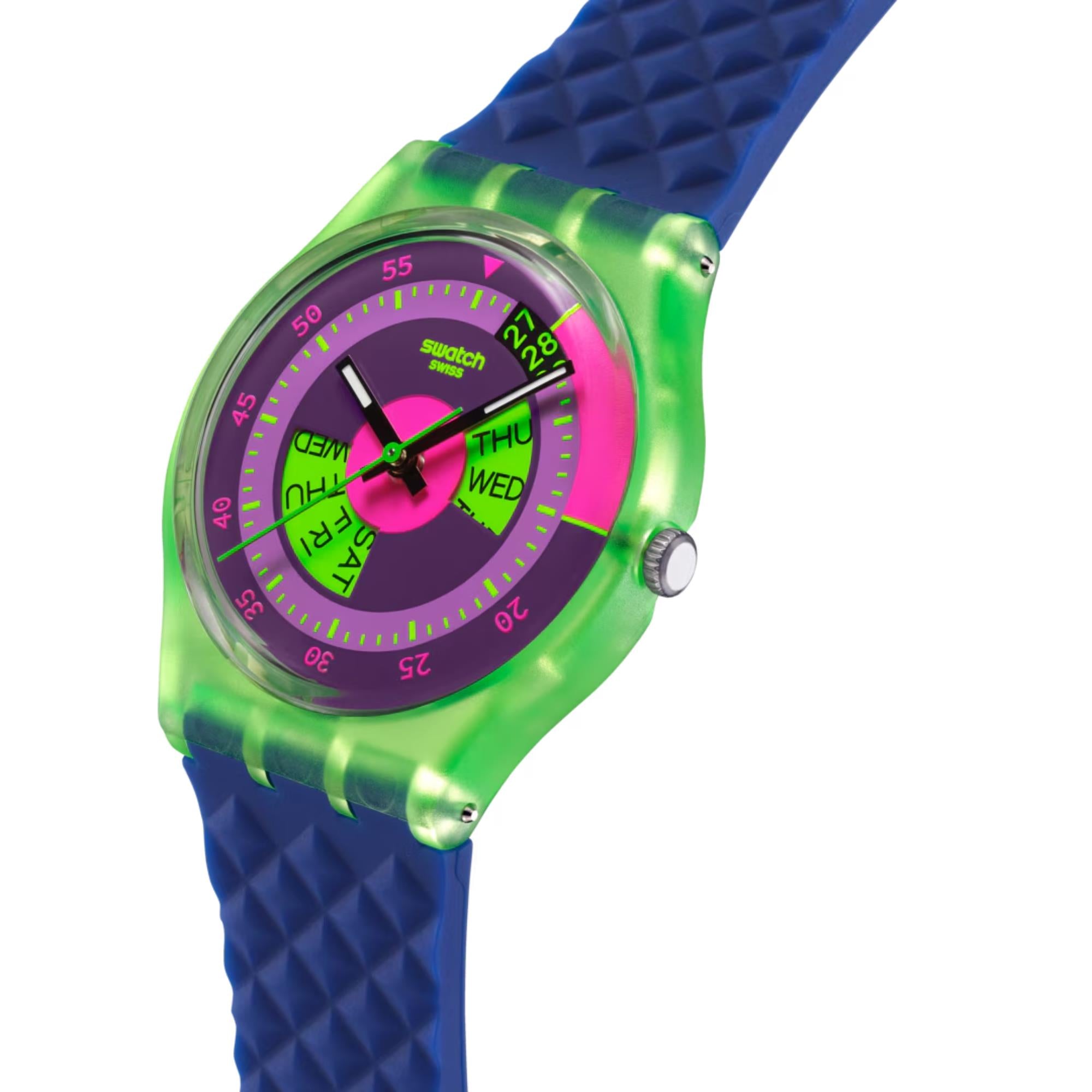 Swatch Originals Neon Skychart Quarz Uhr mit lila Zifferblatt und Silikonarmband SO28G704