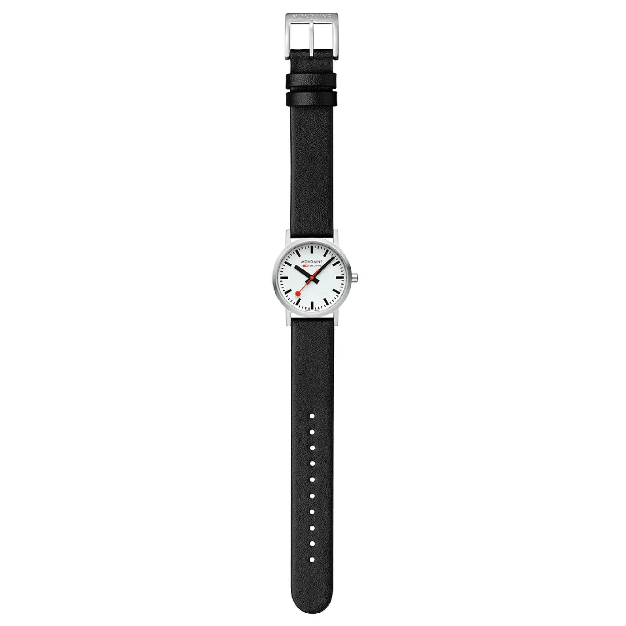 Mondaine Classic A658.30323.16SBBV black leather strap and stainless steel buckle detail
