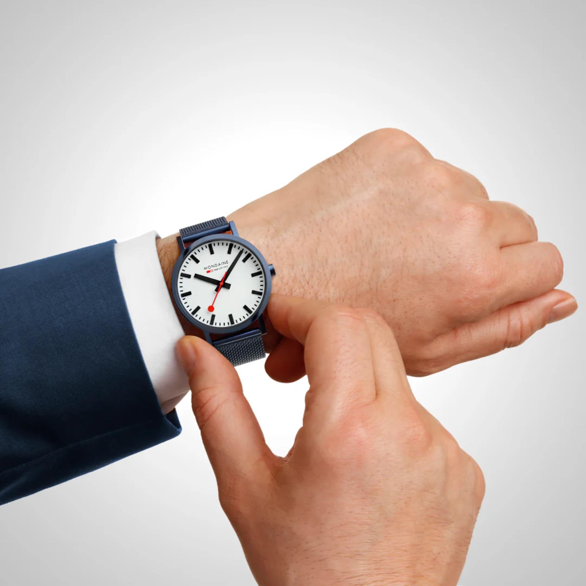 Mondaine A660.30360.1BSBM 40mm white dial watch worn on a wrist