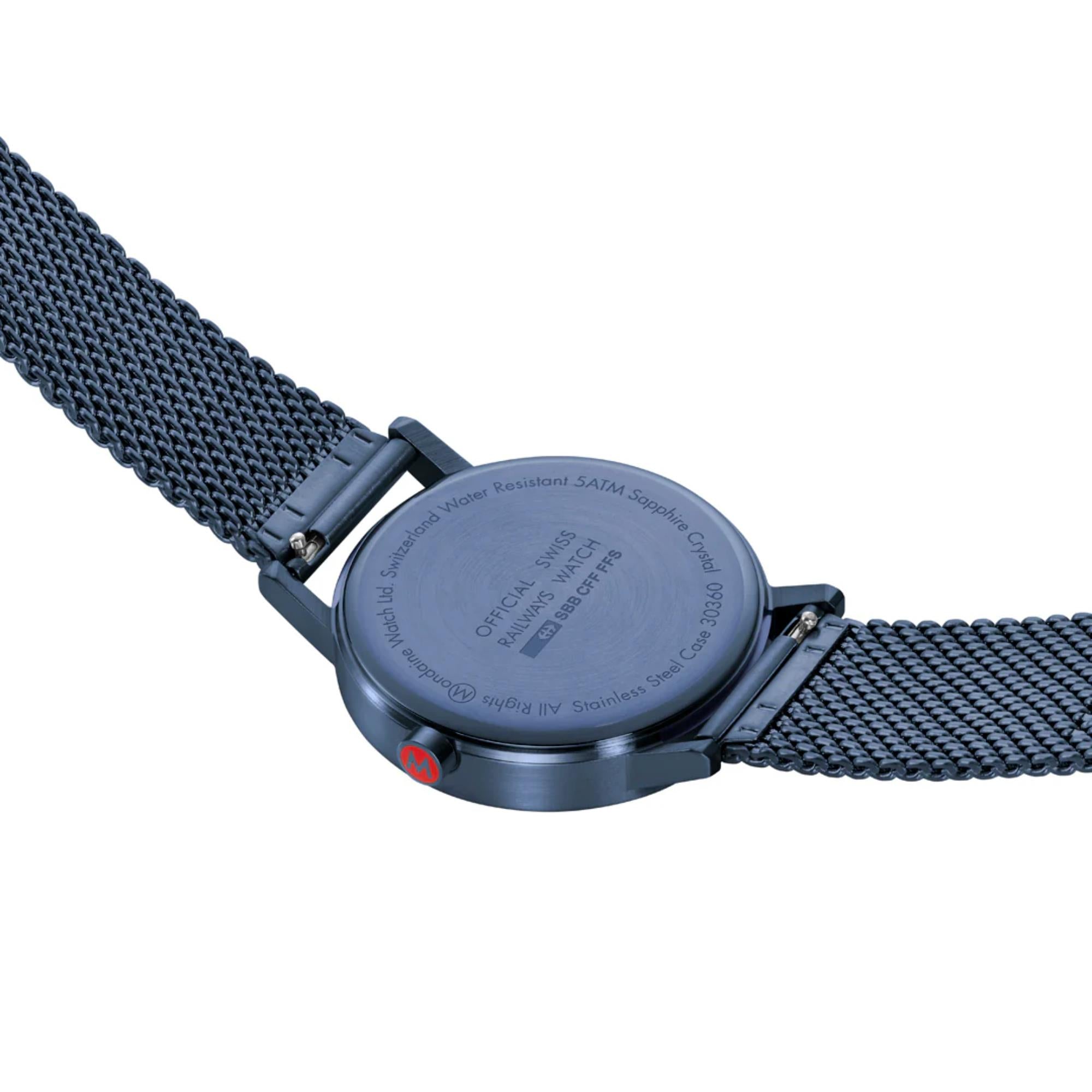 Mondaine A660.30360.1BSBM stainless steel case back showing official engraving detail