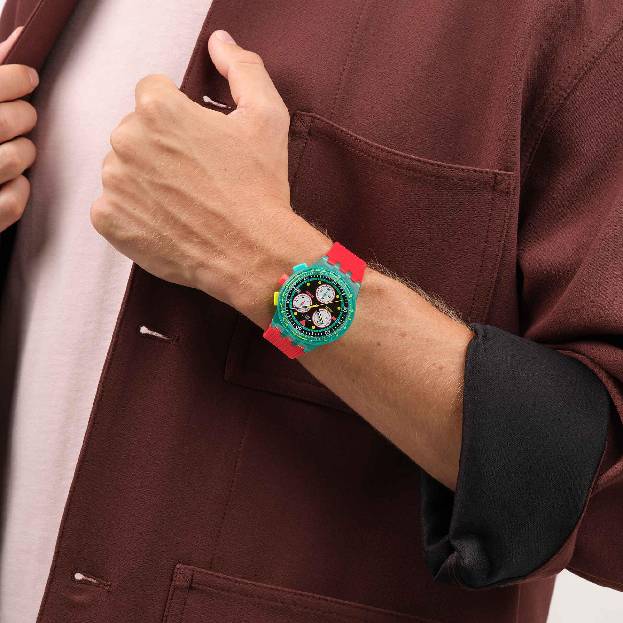 Swatch Originals Neon Emerald Chronograph Quartz Black Dial Silicone Watch SUSG409
