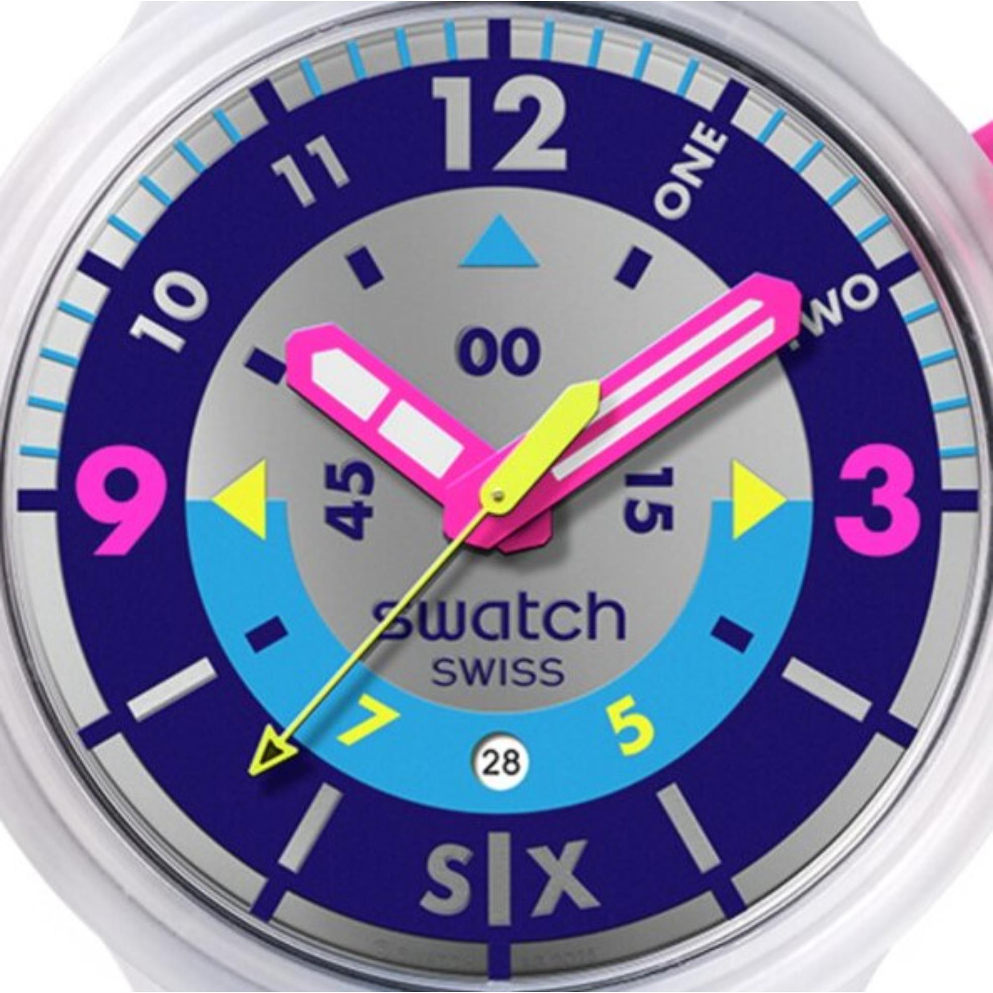 Swatch Big Bold Neon Hielo Quarz Lila Zifferblatt Silikonarmband Uhr SB01K400