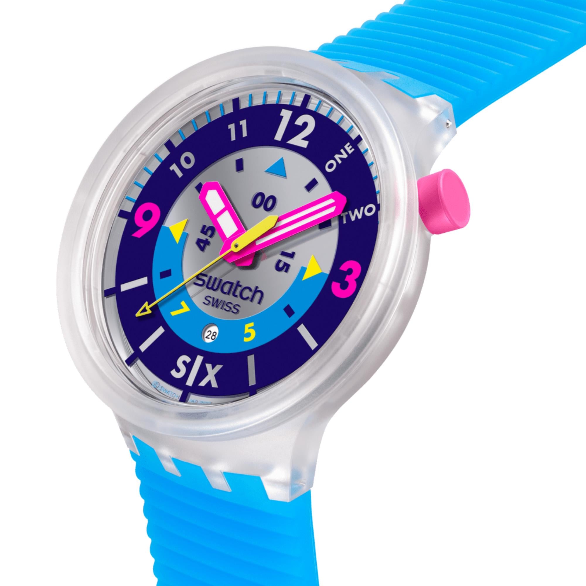 Swatch Big Bold Neon Hielo Quarz Lila Zifferblatt Silikonarmband Uhr SB01K400