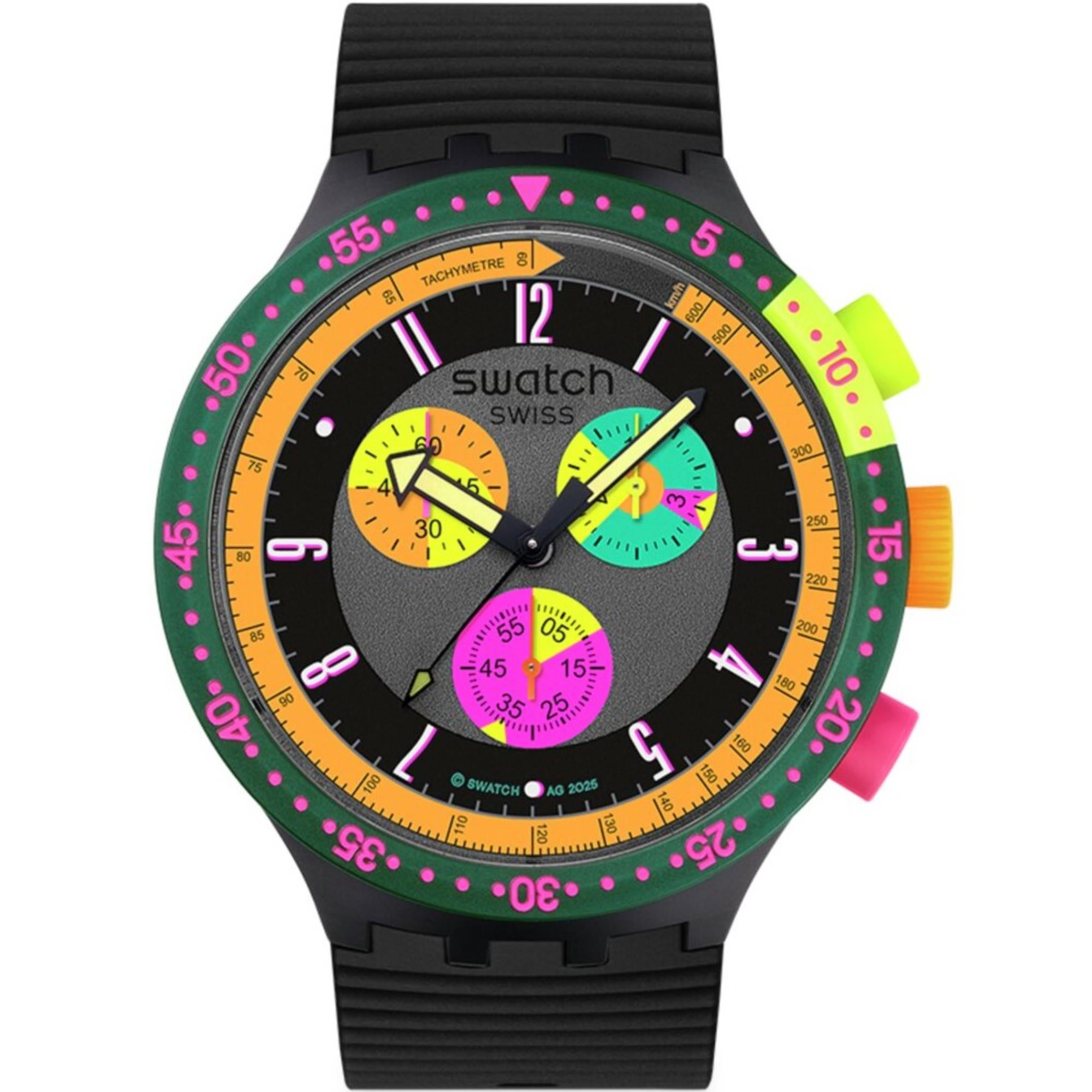 Swatch Big Bold Neon Seppia Chronograph Quarz Schwarzes Zifferblatt Silikonarmband Uhr SB02B104