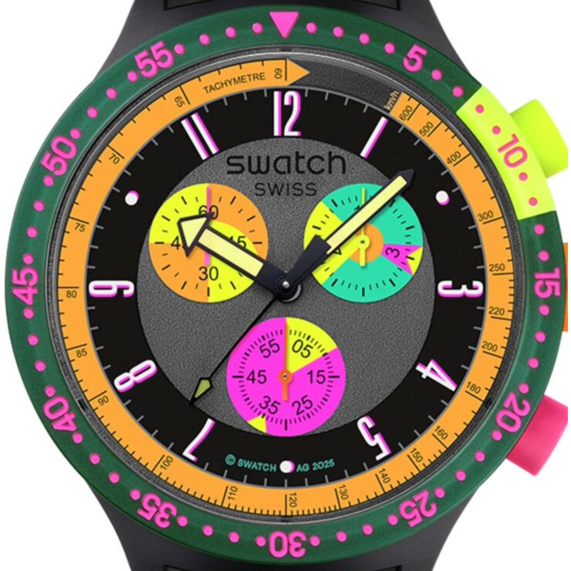 Swatch Big Bold Neon Seppia Chronograph Quarz Schwarzes Zifferblatt Silikonarmband Uhr SB02B104